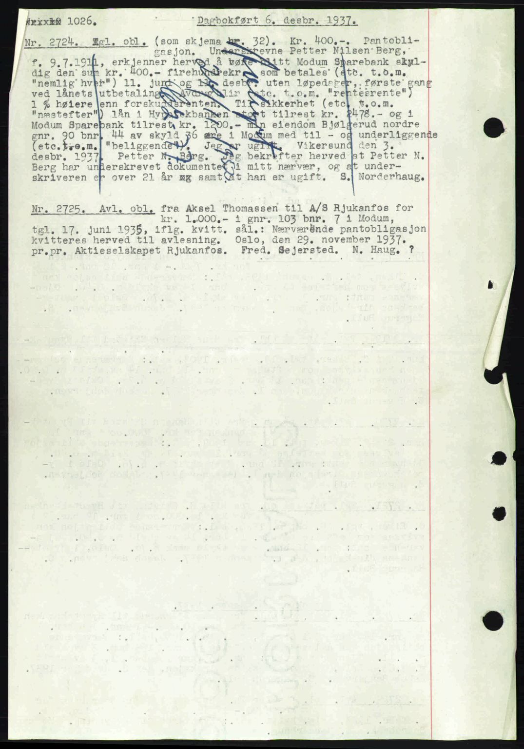 Eiker, Modum og Sigdal sorenskriveri, SAKO/A-123/G/Ga/Gab/L0036: Pantebok nr. A6, 1937-1937, Dagboknr: 2724/1937