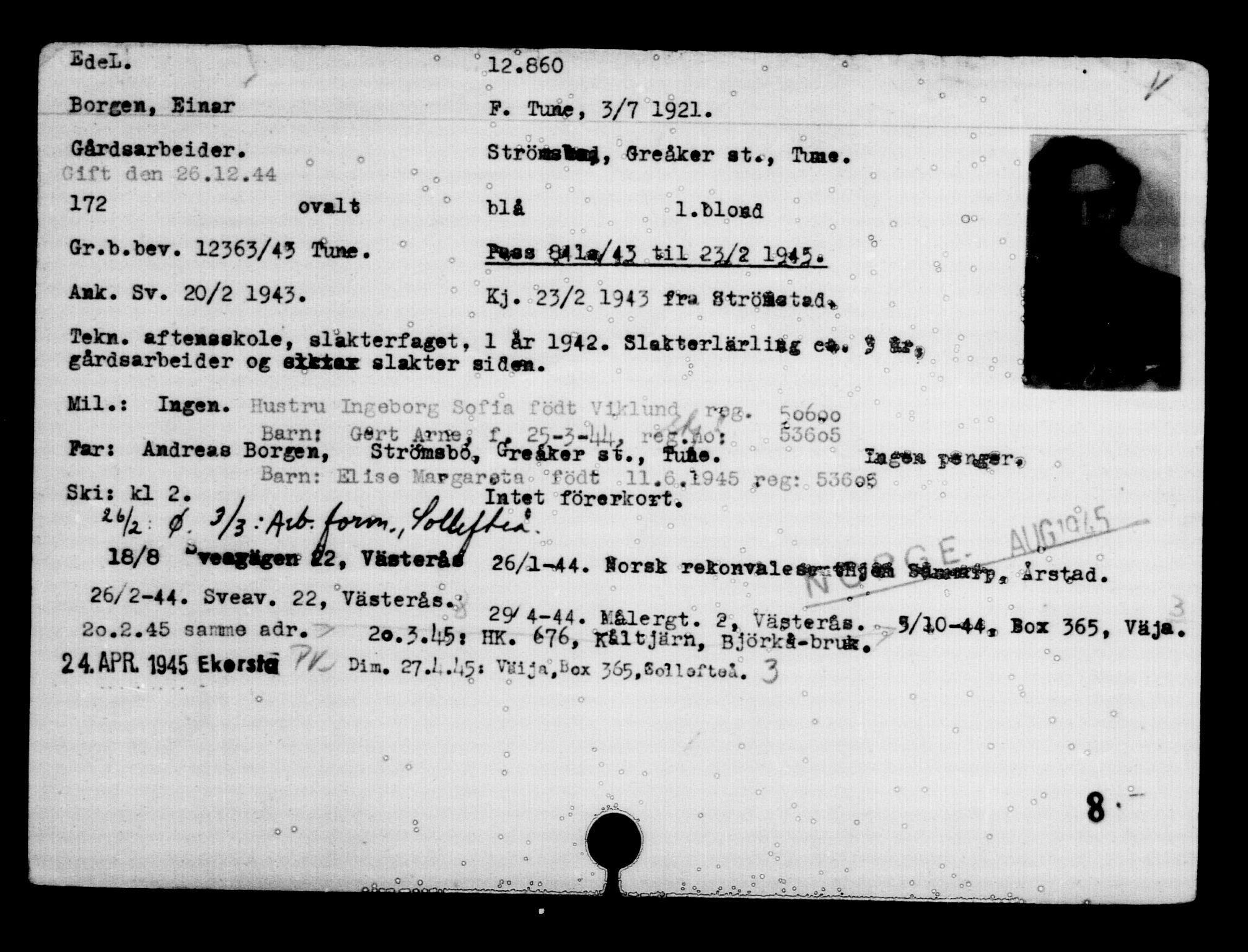 Utenriksstasjonene, Legasjonen i Stockholm, Flyktningkontoret, AV/RA-S-6753/V/Va/L0007: Kjesäterkartoteket, flyktninger med registreringsnr. 12700-15723, 1940-1945, s. 190