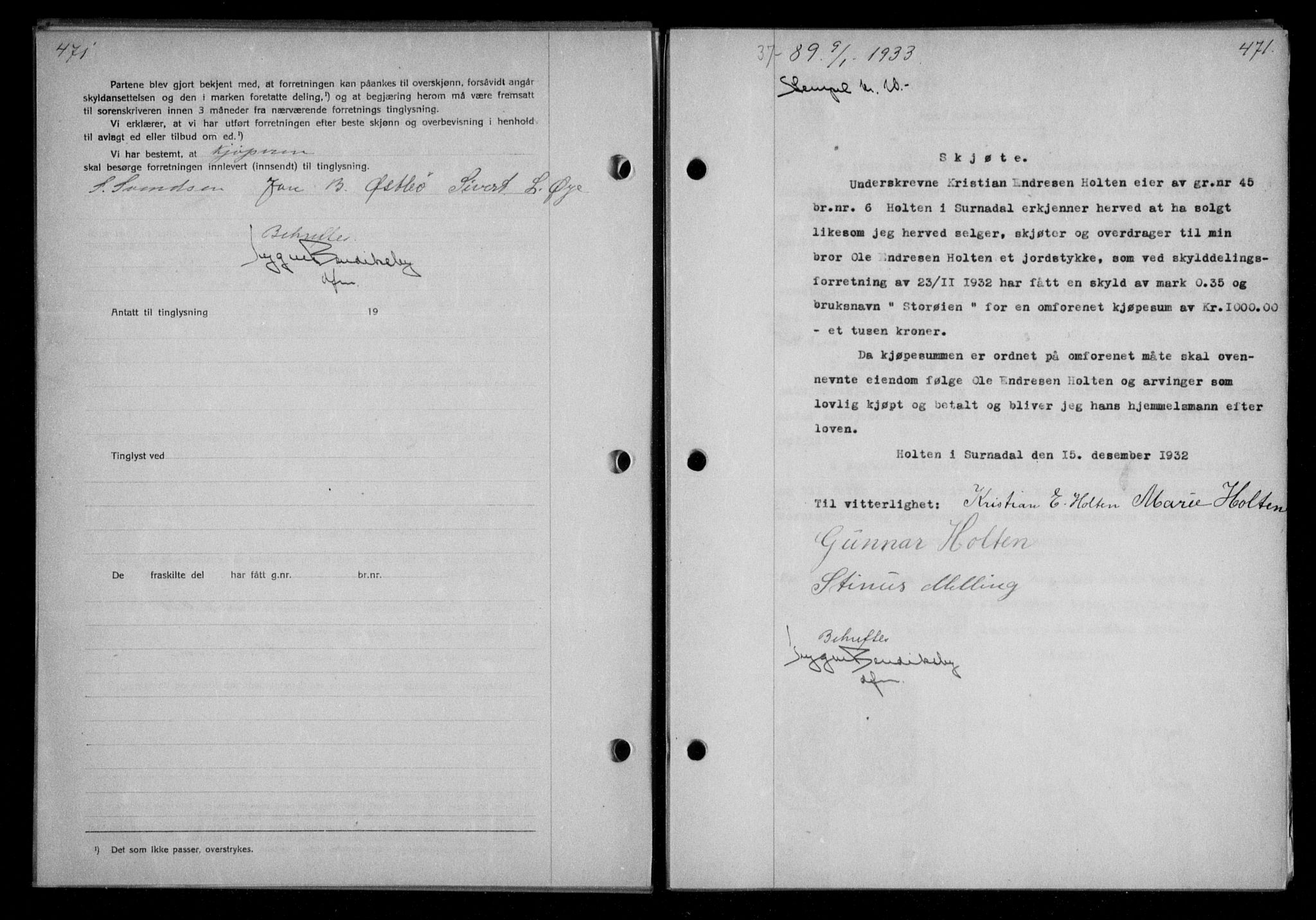 Nordmøre sorenskriveri, AV/SAT-A-4132/1/2/2Ca/L0076: Pantebok nr. 66, 1932-1933, Tingl.dato: 09.01.1933