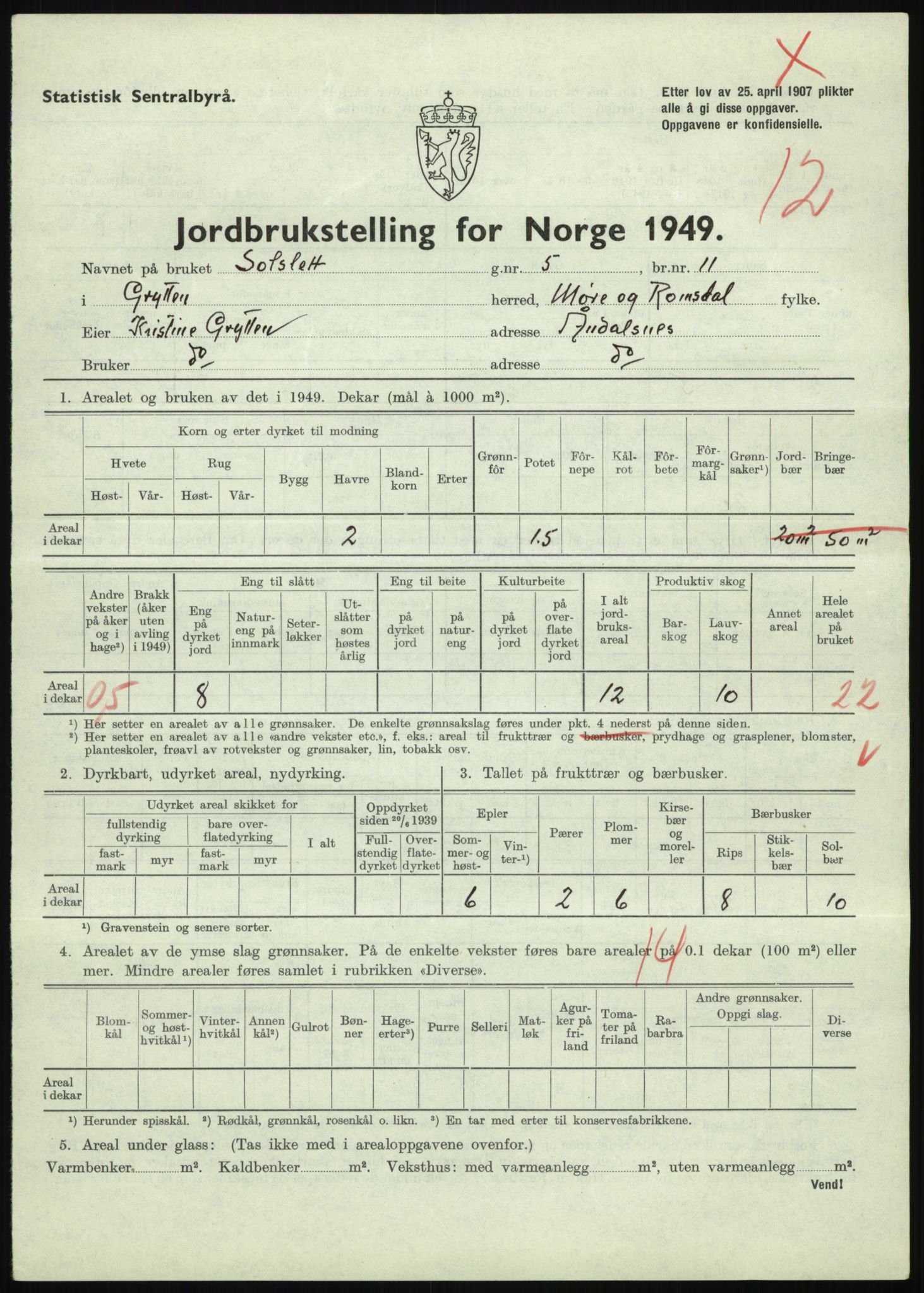 Statistisk sentralbyrå, Næringsøkonomiske emner, Jordbruk, skogbruk, jakt, fiske og fangst, AV/RA-S-2234/G/Gc/L0323: Møre og Romsdal: Grytten og Hen, 1949, s. 77