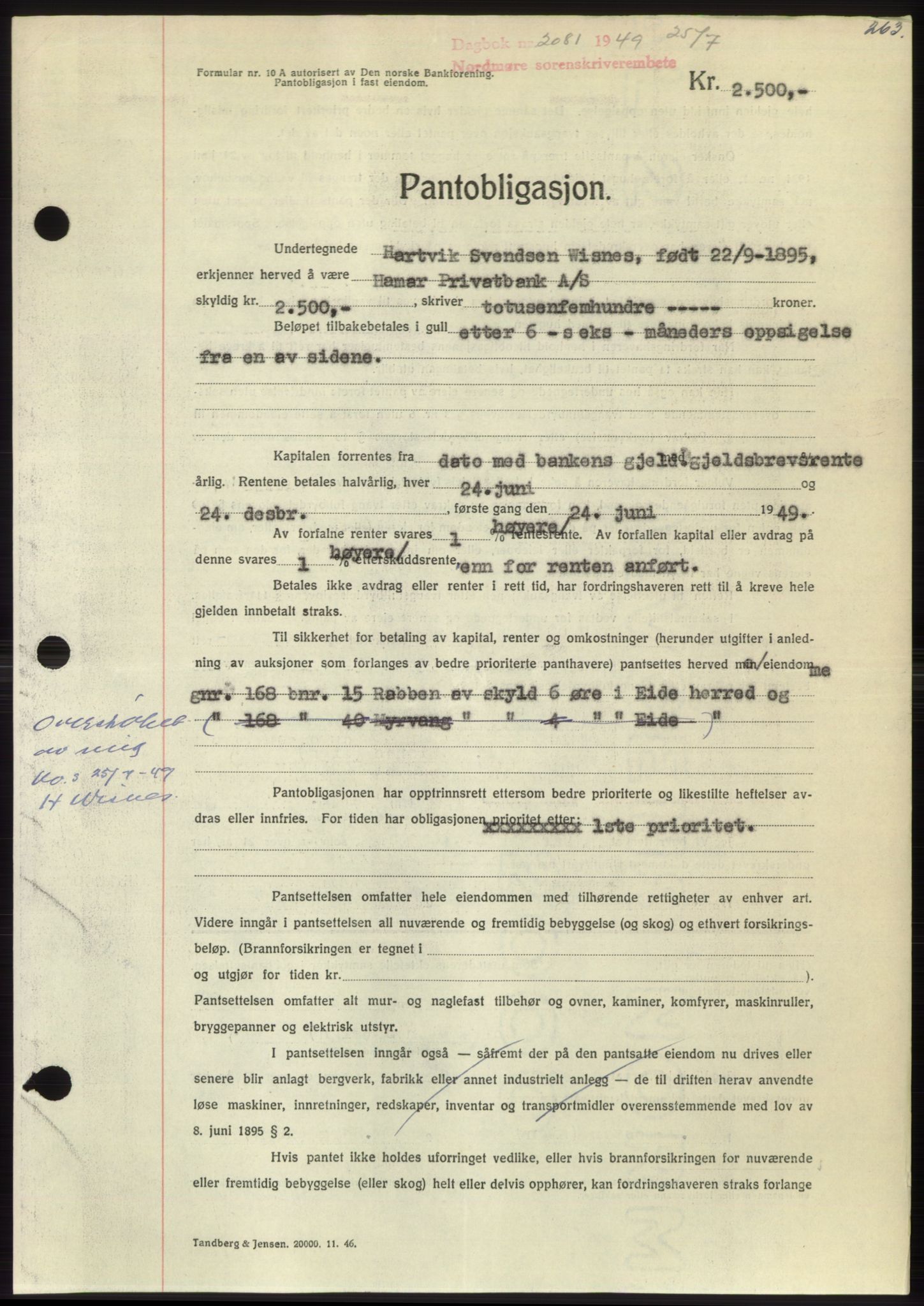 Nordmøre sorenskriveri, AV/SAT-A-4132/1/2/2Ca: Pantebok nr. B102, 1949-1949, Dagboknr: 2081/1949