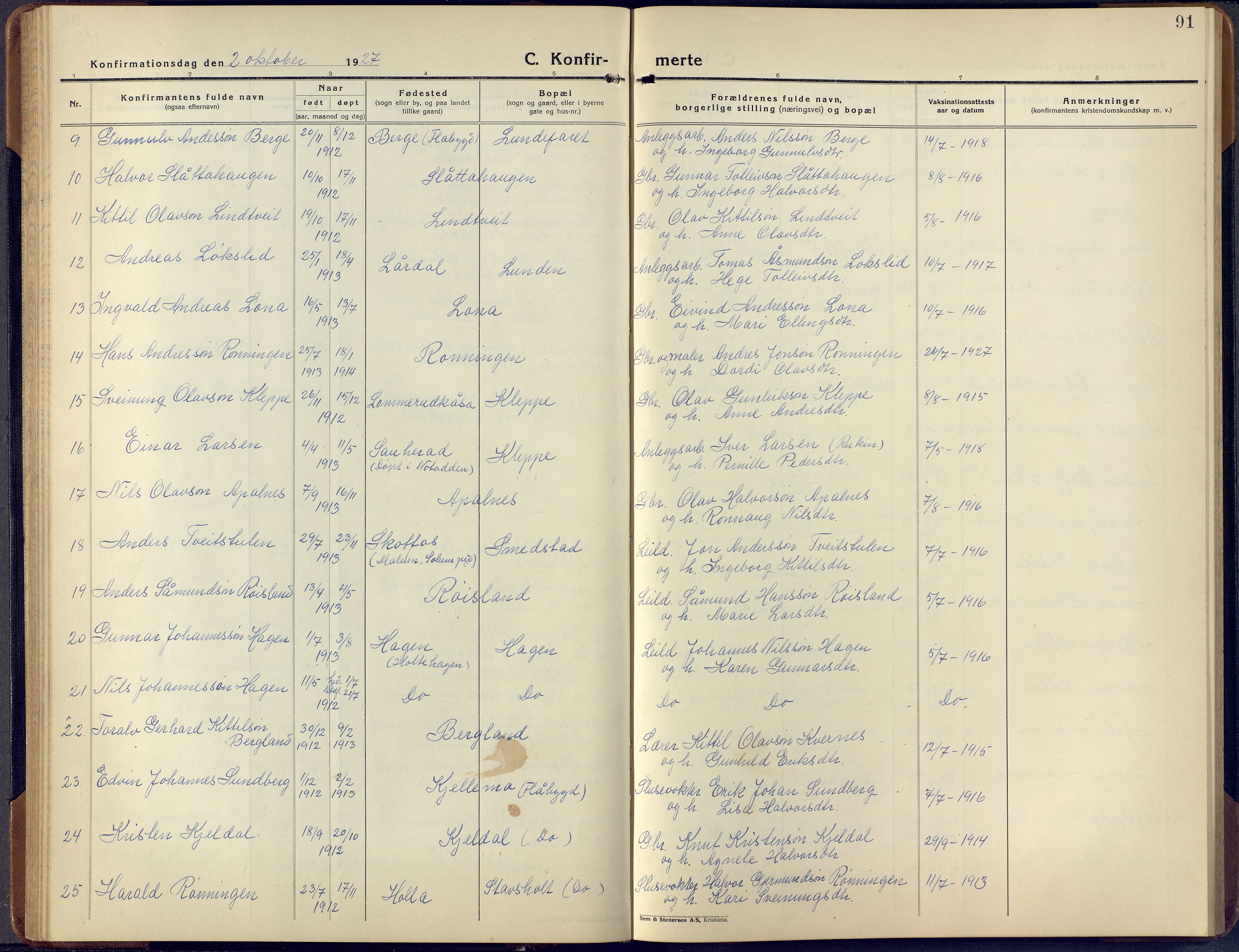 Lunde kirkebøker, SAKO/A-282/F/Fa/L0006: Ministerialbok nr. I 6, 1922-1940, s. 91