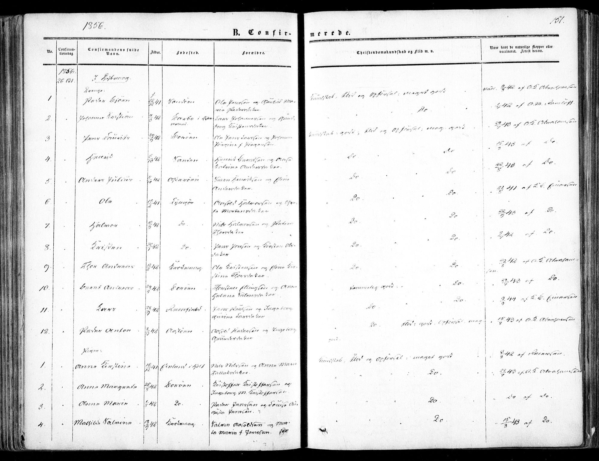 Dypvåg sokneprestkontor, SAK/1111-0007/F/Fa/Faa/L0006: Ministerialbok nr. A 6, 1855-1872, s. 151