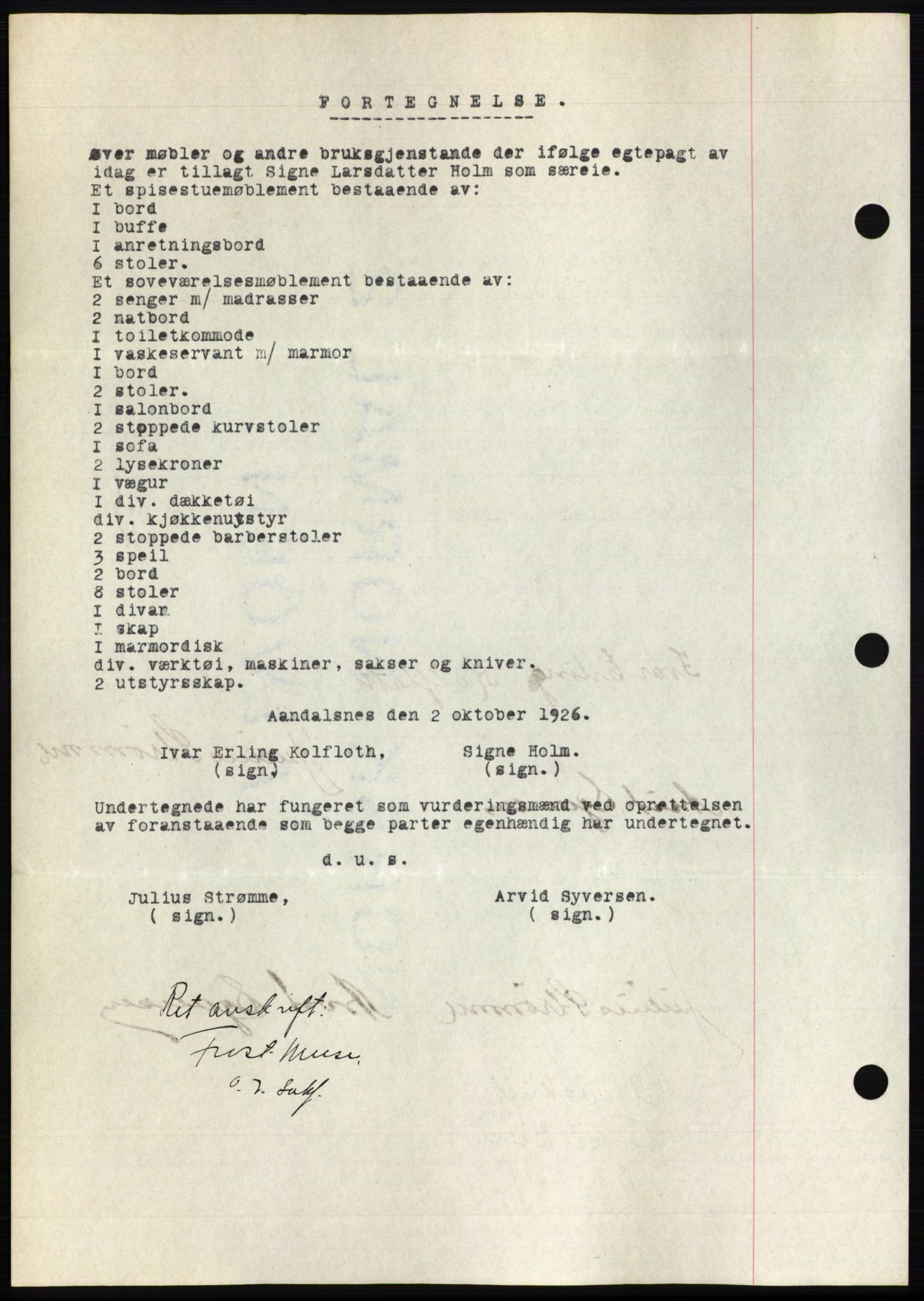 Romsdal sorenskriveri, AV/SAT-A-4149/1/2/2C/L0051: Pantebok nr. 45, 1926-1927, Tingl.dato: 05.10.1926