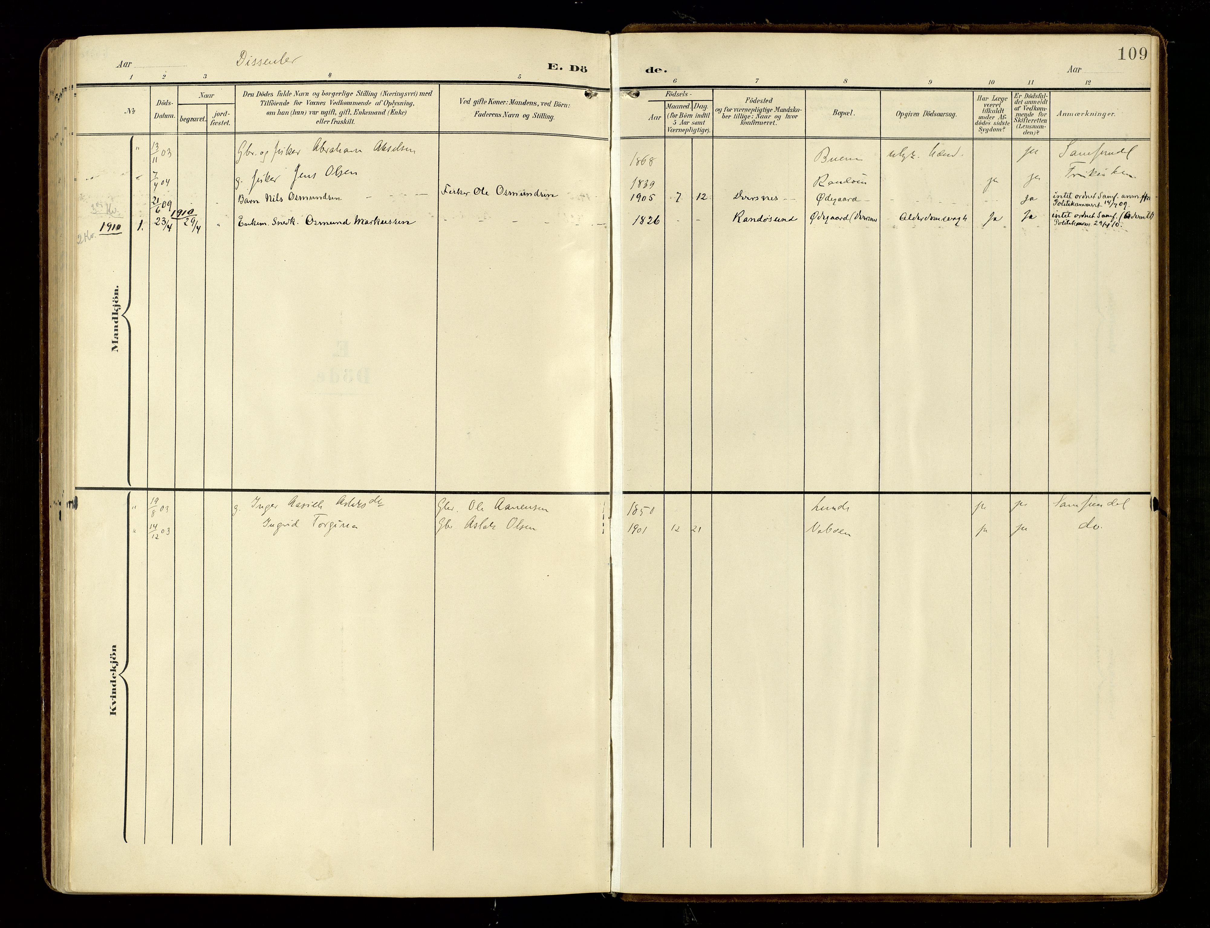 Oddernes sokneprestkontor, AV/SAK-1111-0033/F/Fa/Fab/L0003: Ministerialbok nr. A 3, 1903-1916, s. 109