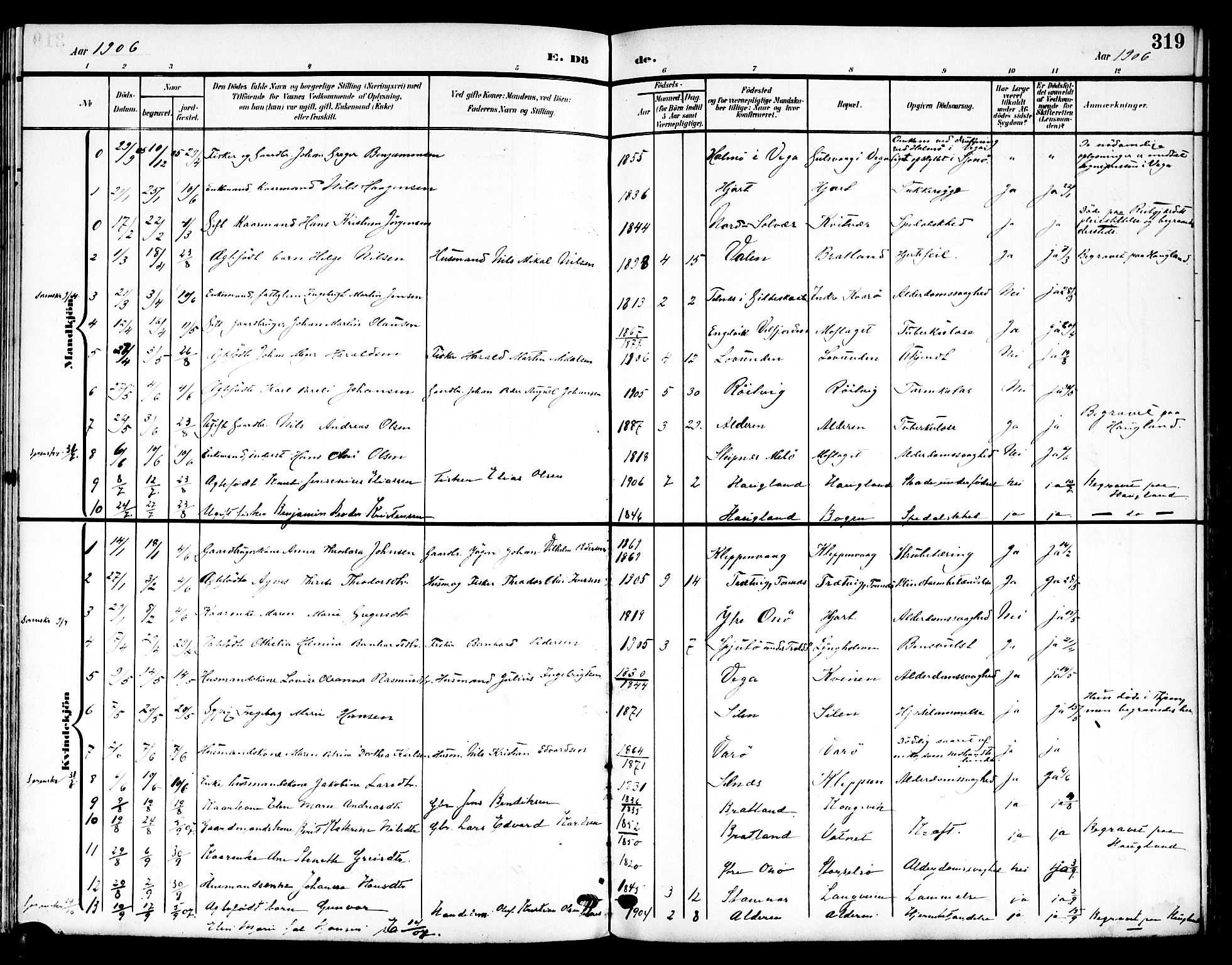 Ministerialprotokoller, klokkerbøker og fødselsregistre - Nordland, AV/SAT-A-1459/839/L0569: Ministerialbok nr. 839A06, 1903-1922, s. 319