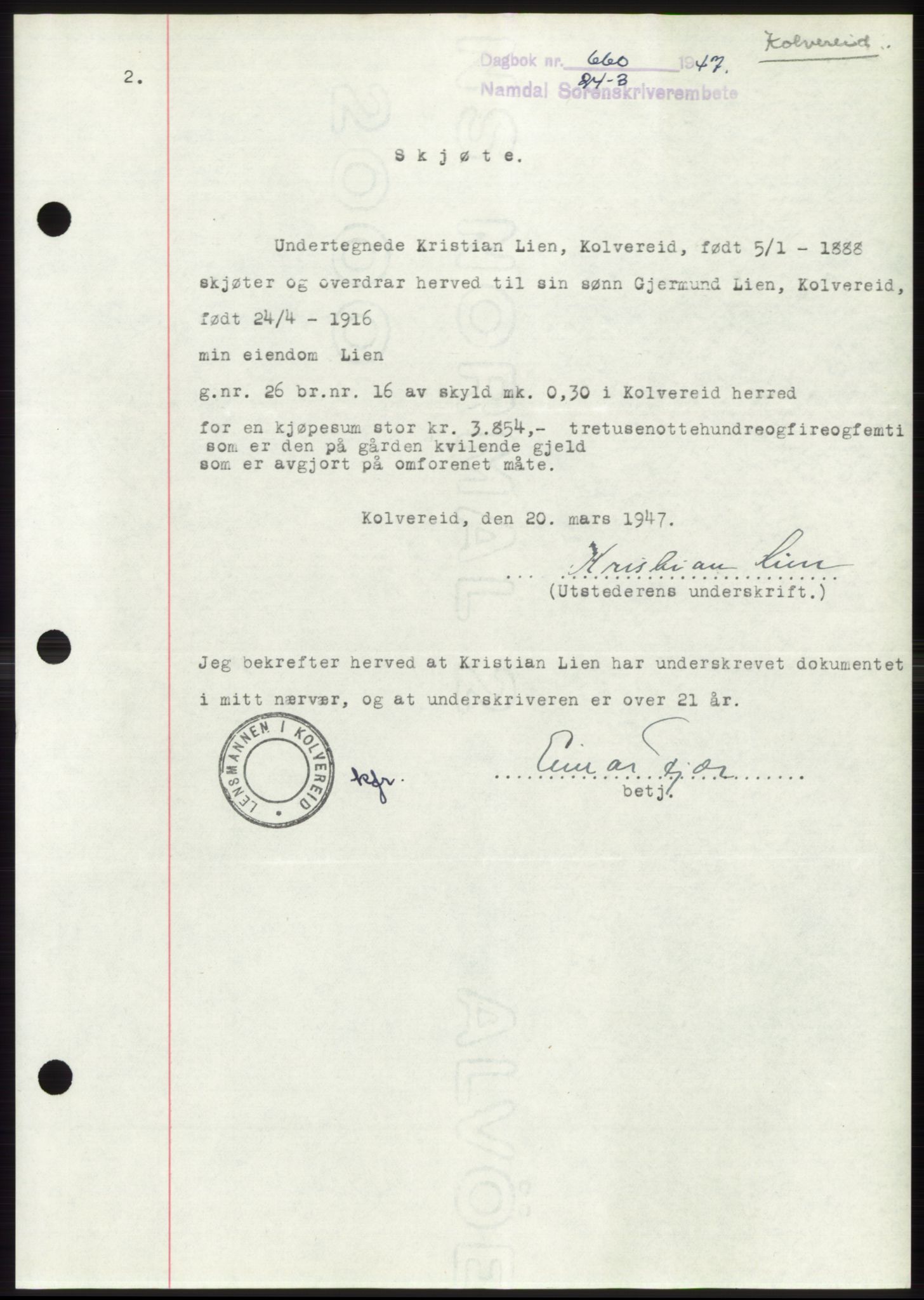 Namdal sorenskriveri, SAT/A-4133/1/2/2C: Pantebok nr. -, 1946-1947, Dagboknr: 660/1947