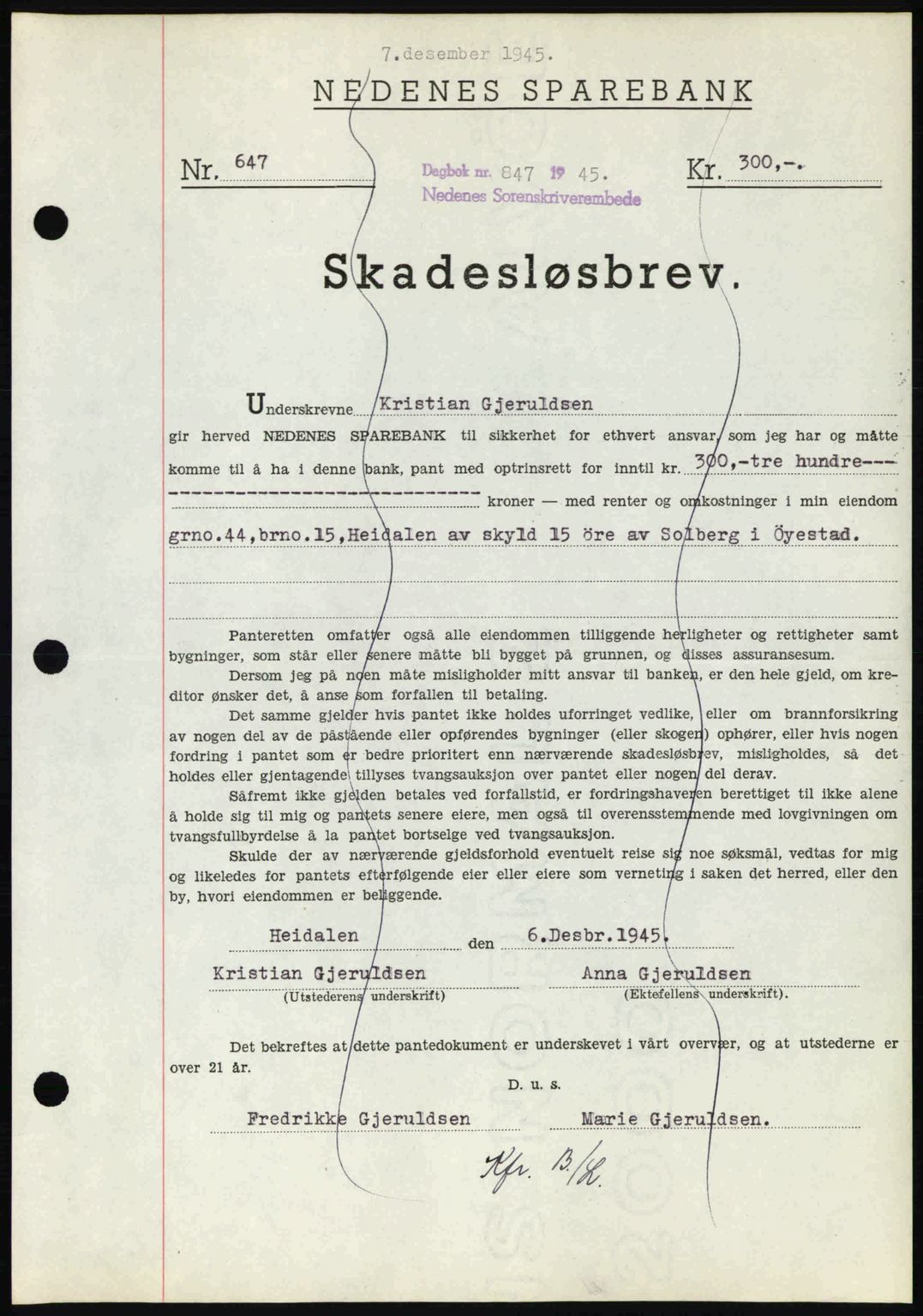 Nedenes sorenskriveri, SAK/1221-0006/G/Gb/Gbb/L0003: Pantebok nr. B3a, 1945-1945, Dagboknr: 847/1945