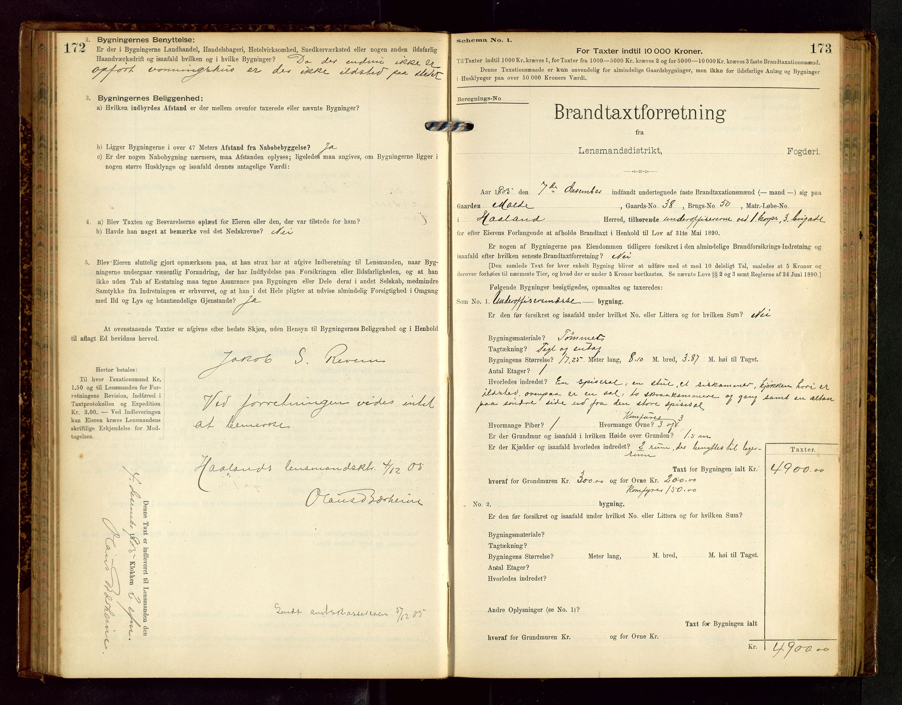 Håland lensmannskontor, SAST/A-100100/Gob/L0002: Branntakstprotokoll - skjematakst. Register i boken., 1902-1906, s. 172-173