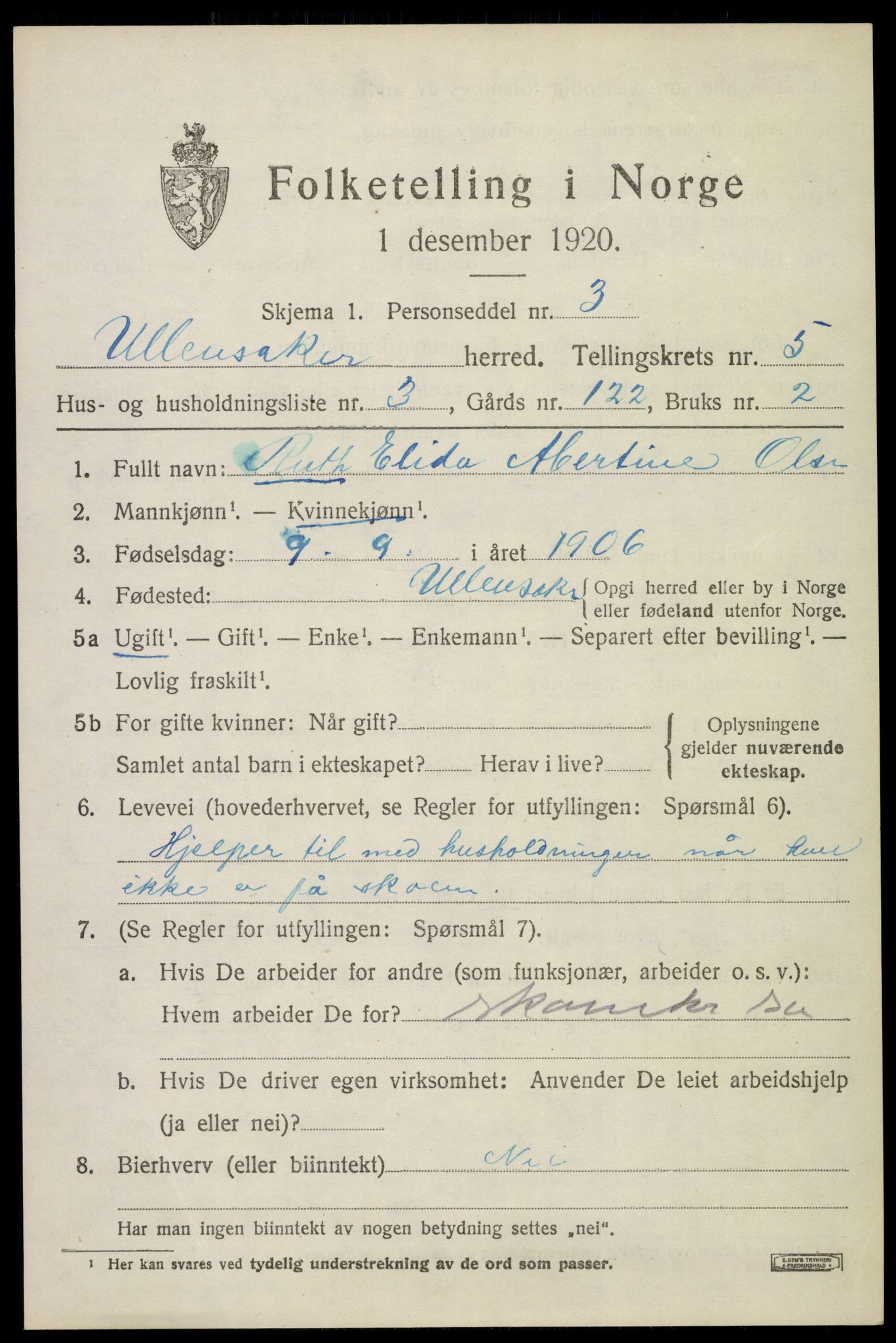 SAO, Folketelling 1920 for 0235 Ullensaker herred, 1920, s. 9075