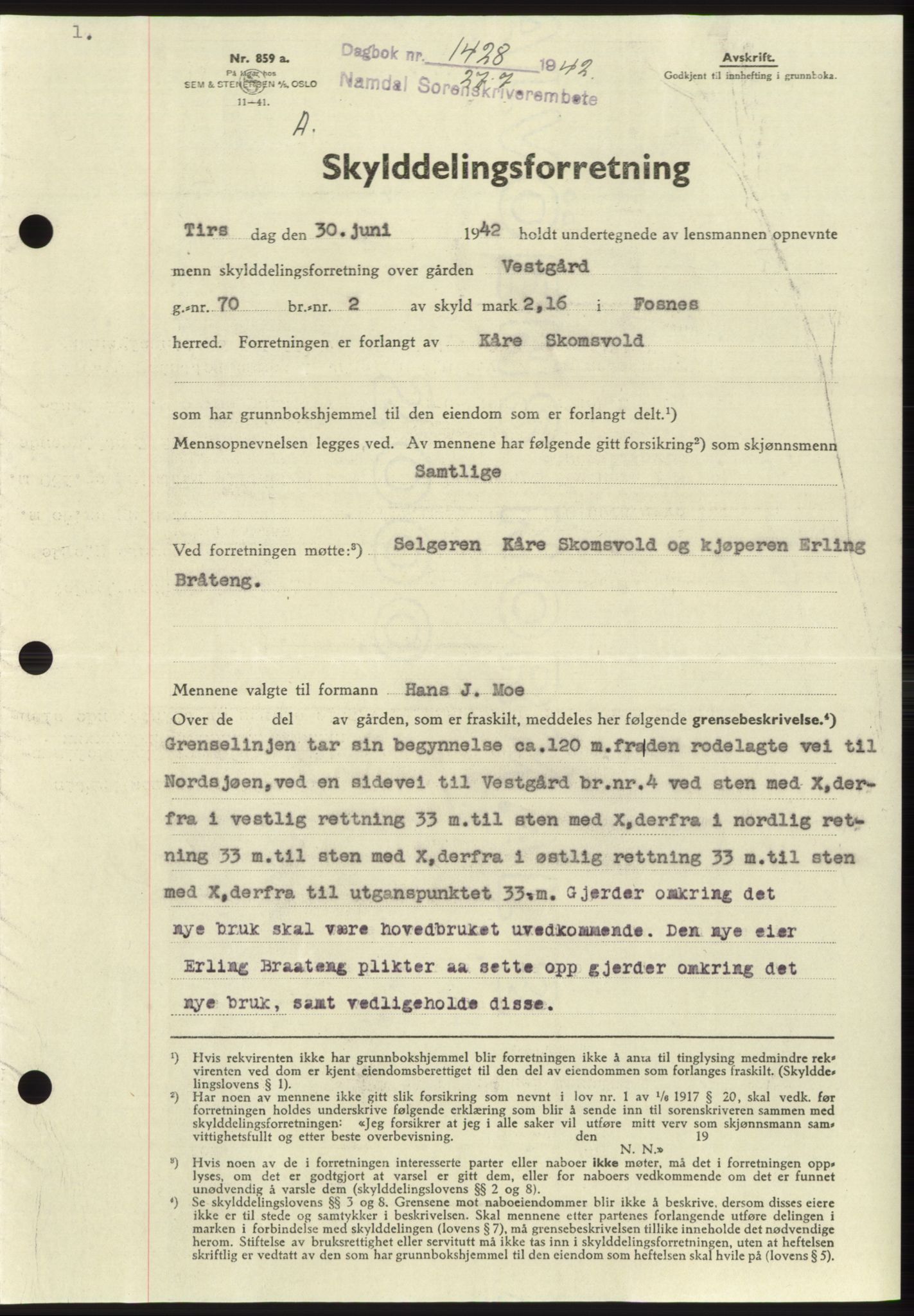Namdal sorenskriveri, SAT/A-4133/1/2/2C: Pantebok nr. -, 1942-1943, Dagboknr: 1428/1942