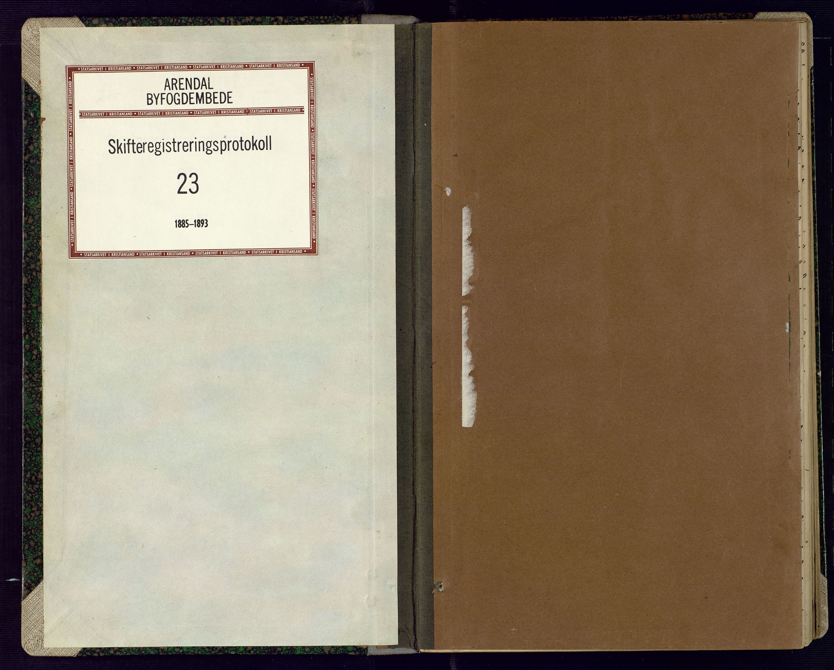 Arendal byfogd, SAK/1222-0001/H/Hc/L0025: Skifteregistreringsprotokoll nr. 23, 1885-1893