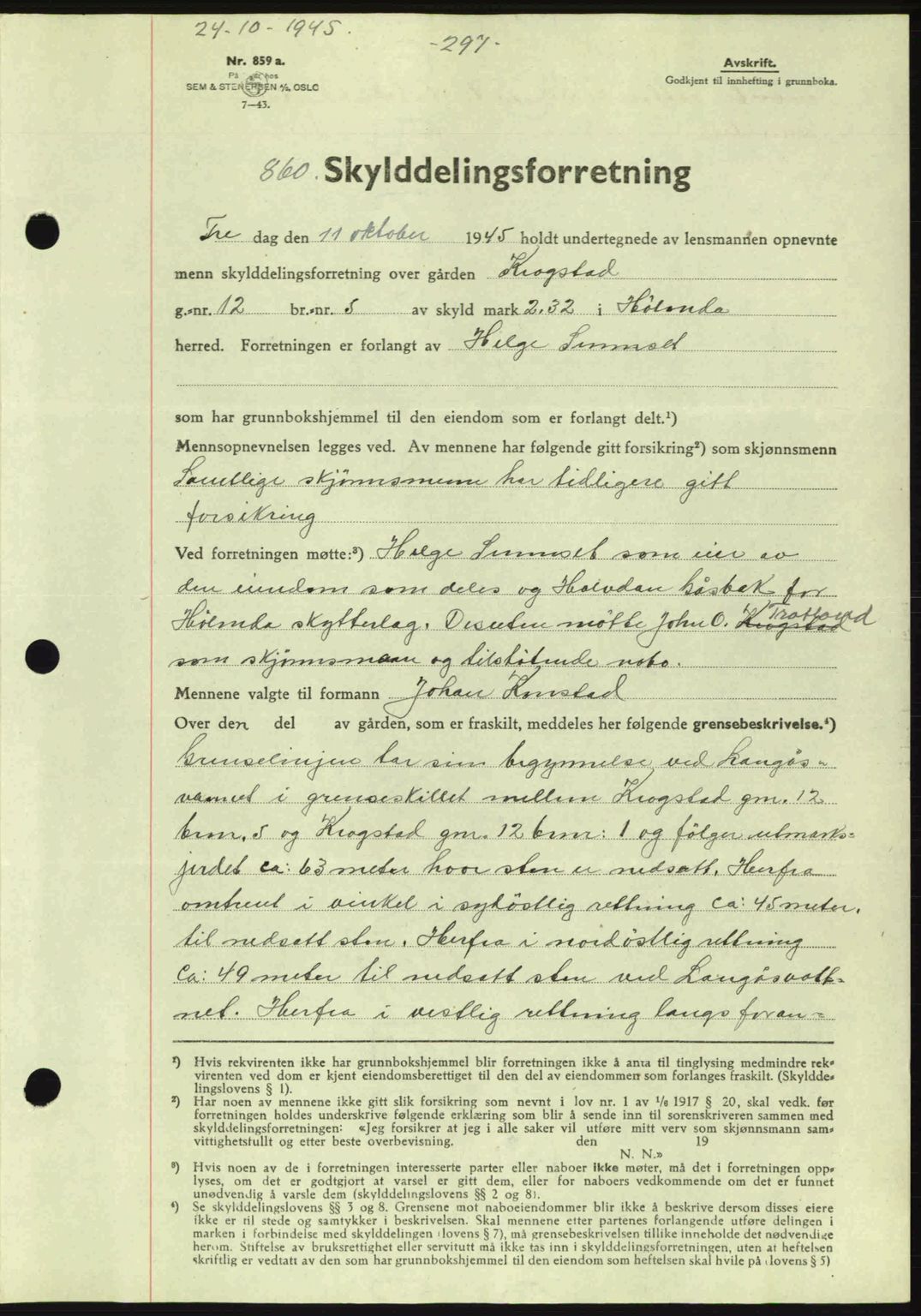 Gauldal sorenskriveri, SAT/A-0014/1/2/2C: Pantebok nr. A1a, 1945-1945, Dagboknr: 860/1945