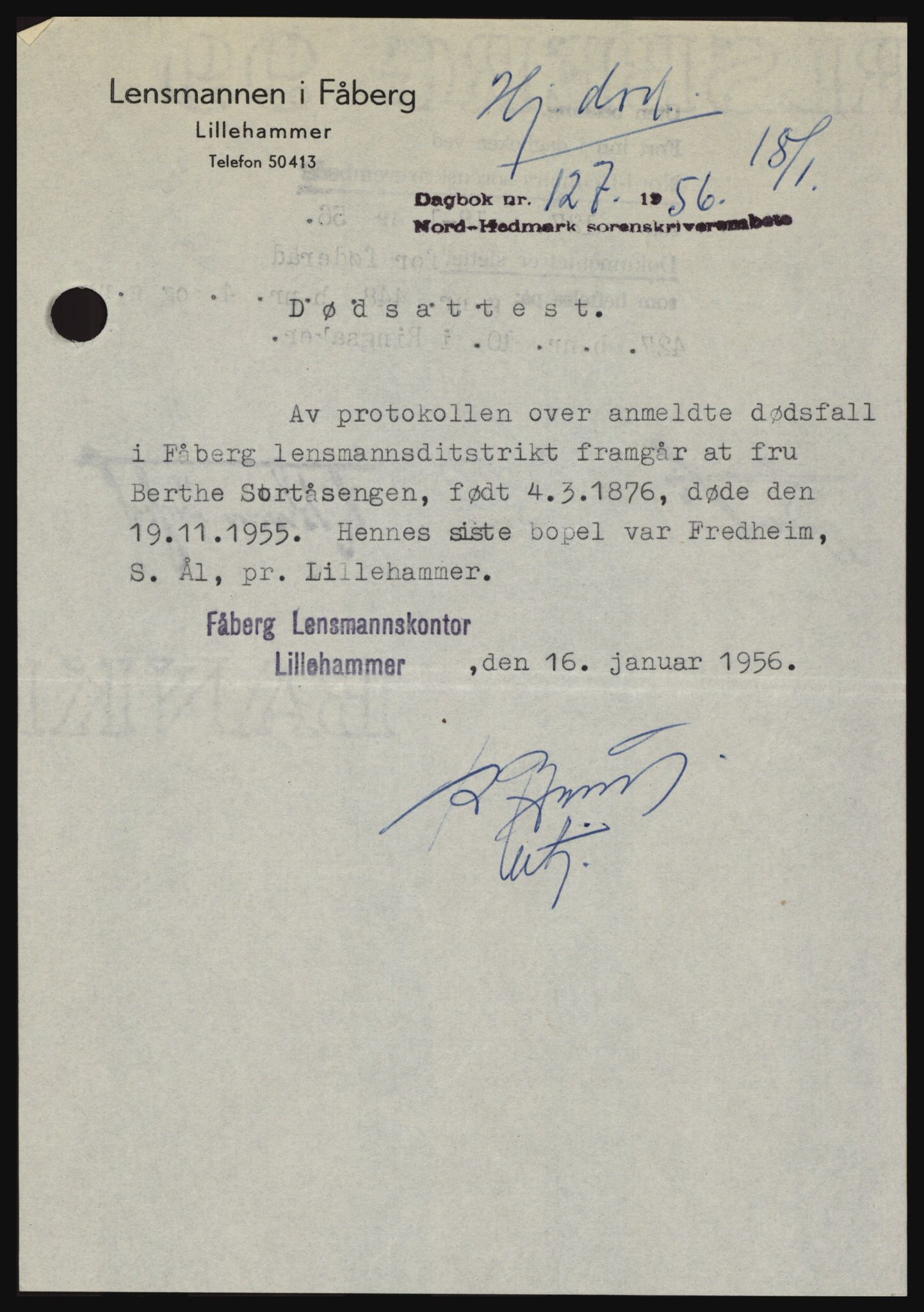 Nord-Hedmark sorenskriveri, SAH/TING-012/H/Hc/L0010: Pantebok nr. 10, 1955-1956, Dagboknr: 127/1956