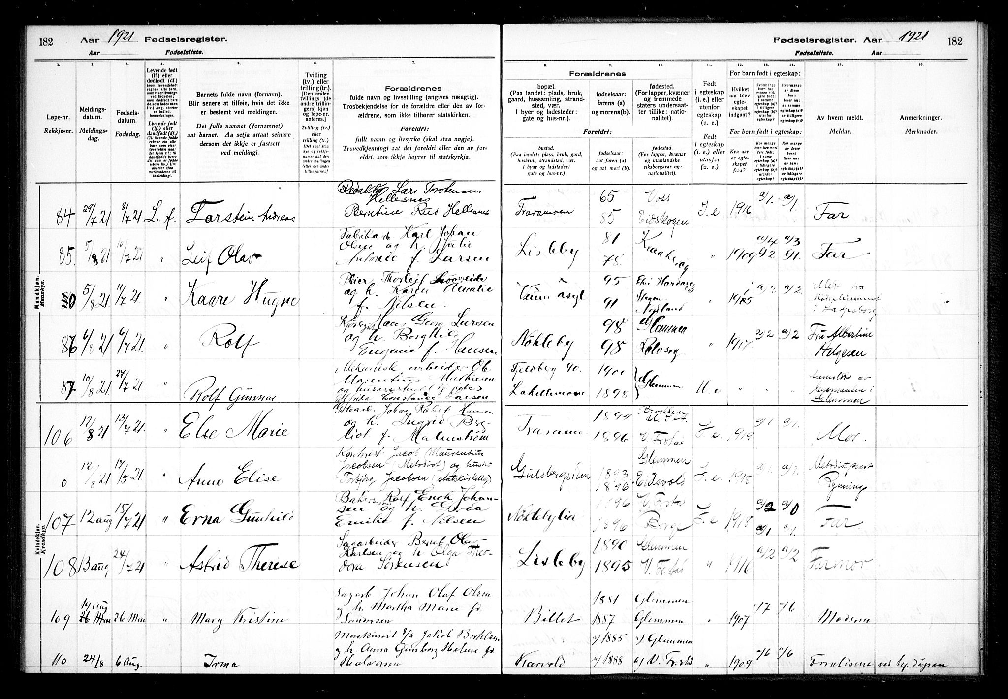 Glemmen prestekontor Kirkebøker, SAO/A-10908/J/Ja/L0001: Fødselsregister nr. I 1, 1916-1922, s. 182