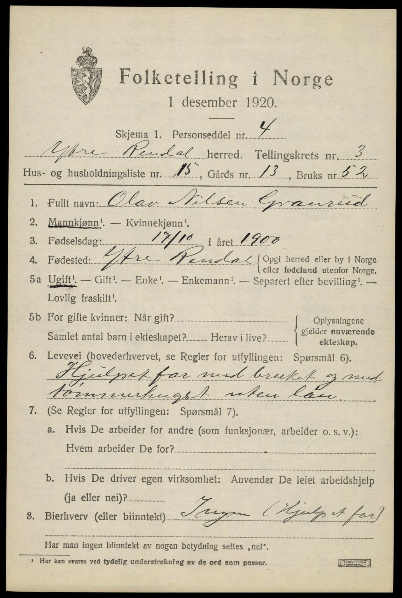 SAH, Folketelling 1920 for 0432 Ytre Rendal herred, 1920, s. 1775