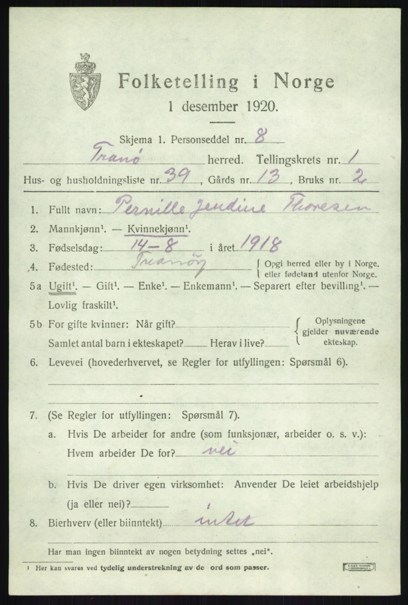 SATØ, Folketelling 1920 for 1927 Tranøy herred, 1920, s. 1153