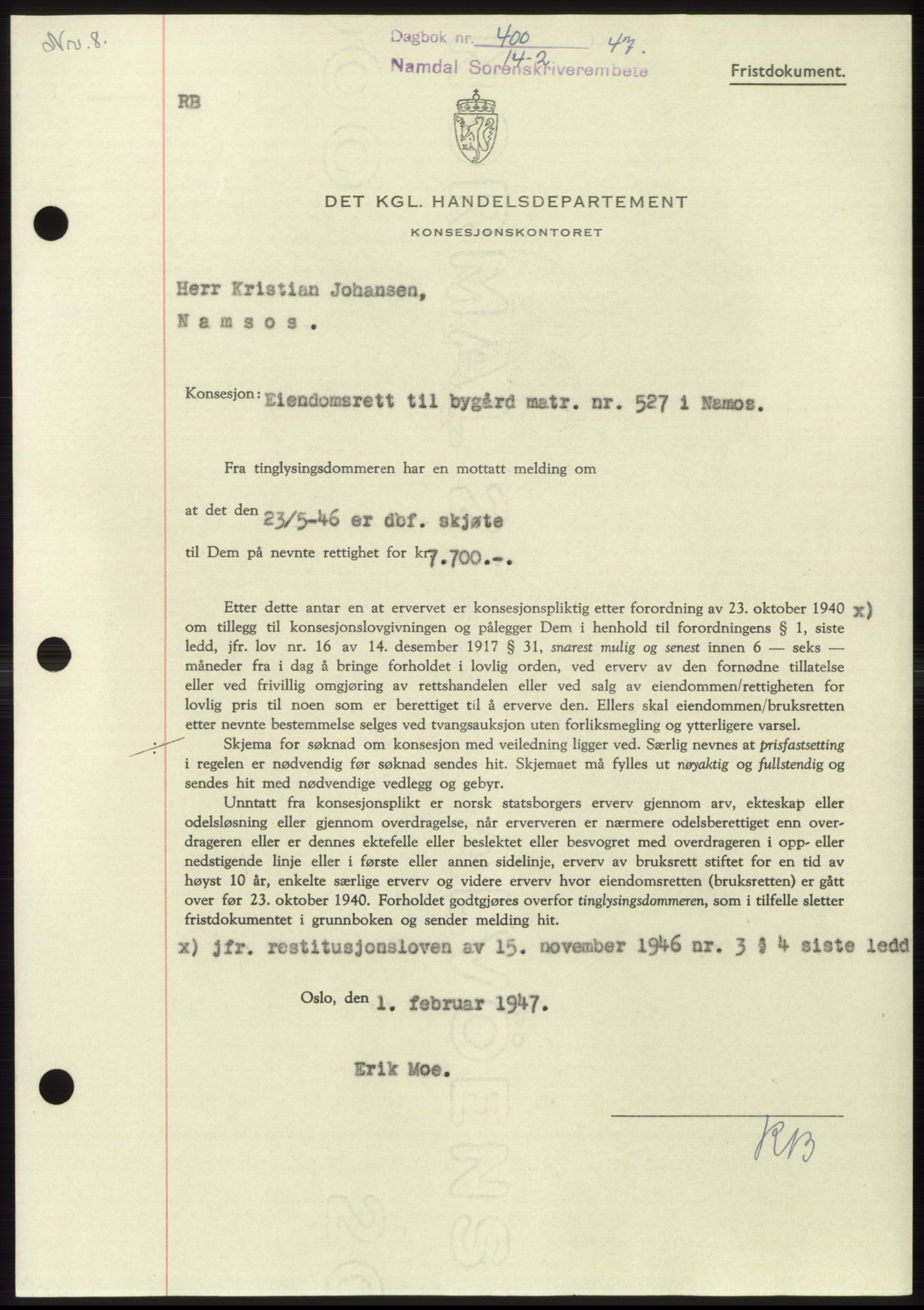 Namdal sorenskriveri, SAT/A-4133/1/2/2C: Pantebok nr. -, 1946-1947, Dagboknr: 400/1947