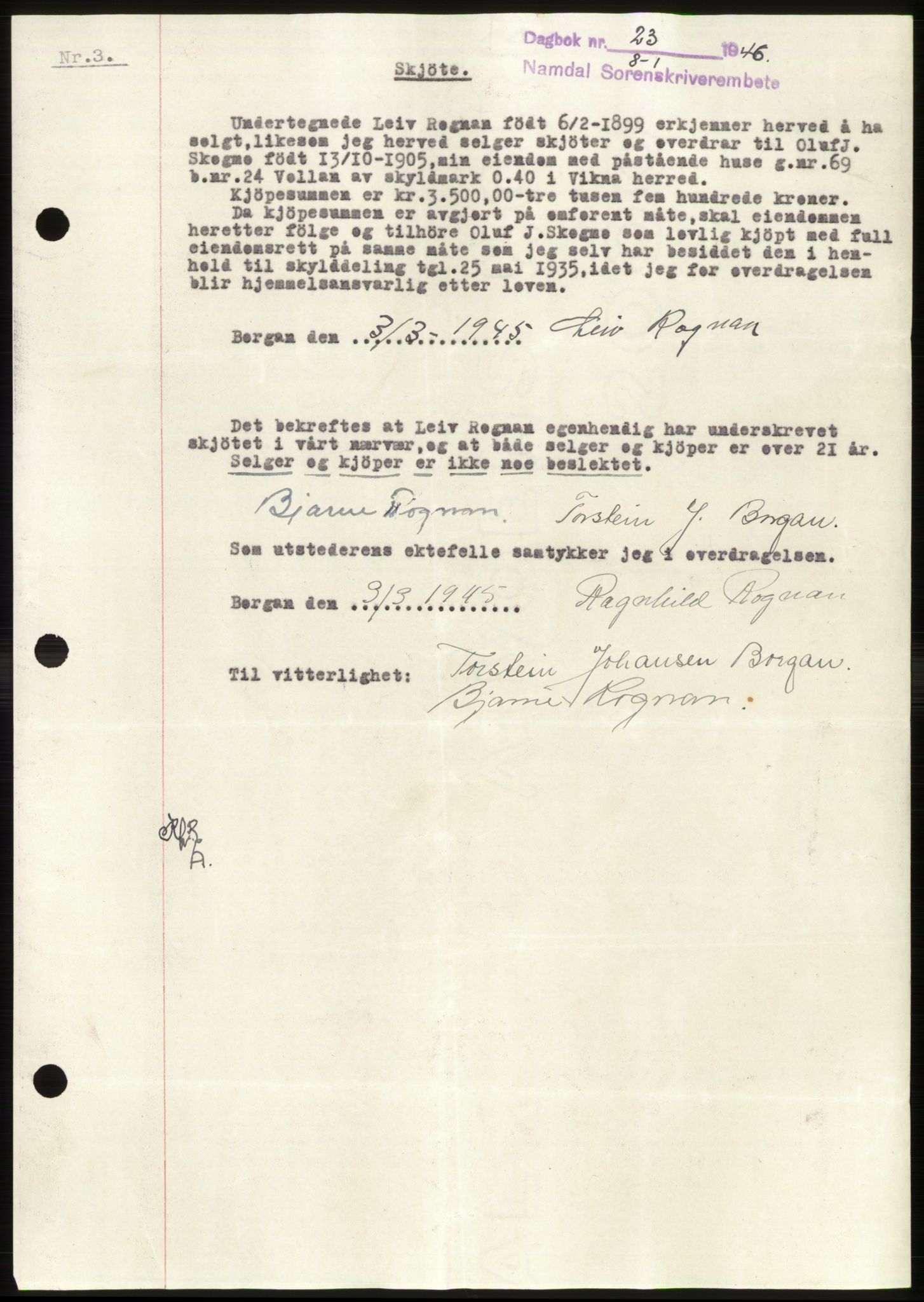 Namdal sorenskriveri, SAT/A-4133/1/2/2C: Pantebok nr. -, 1946-1946, Dagboknr: 23/1946