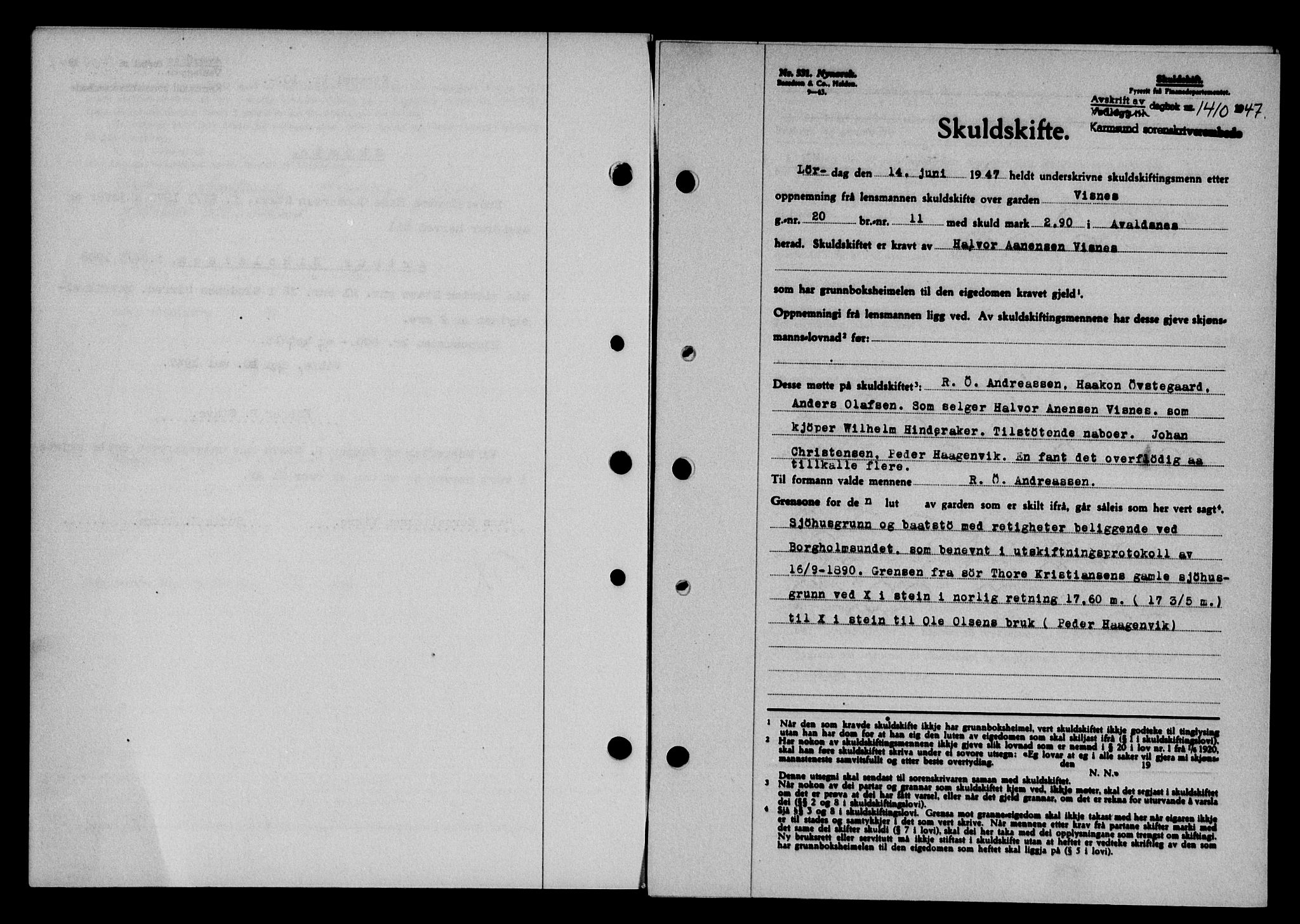 Karmsund sorenskriveri, SAST/A-100311/01/II/IIB/L0090: Pantebok nr. 70A, 1947-1947, Dagboknr: 1410/1947