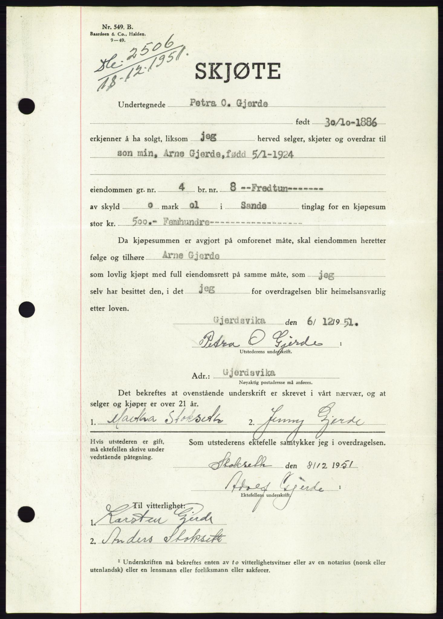 Søre Sunnmøre sorenskriveri, AV/SAT-A-4122/1/2/2C/L0090: Pantebok nr. 16A, 1951-1951, Dagboknr: 2506/1951