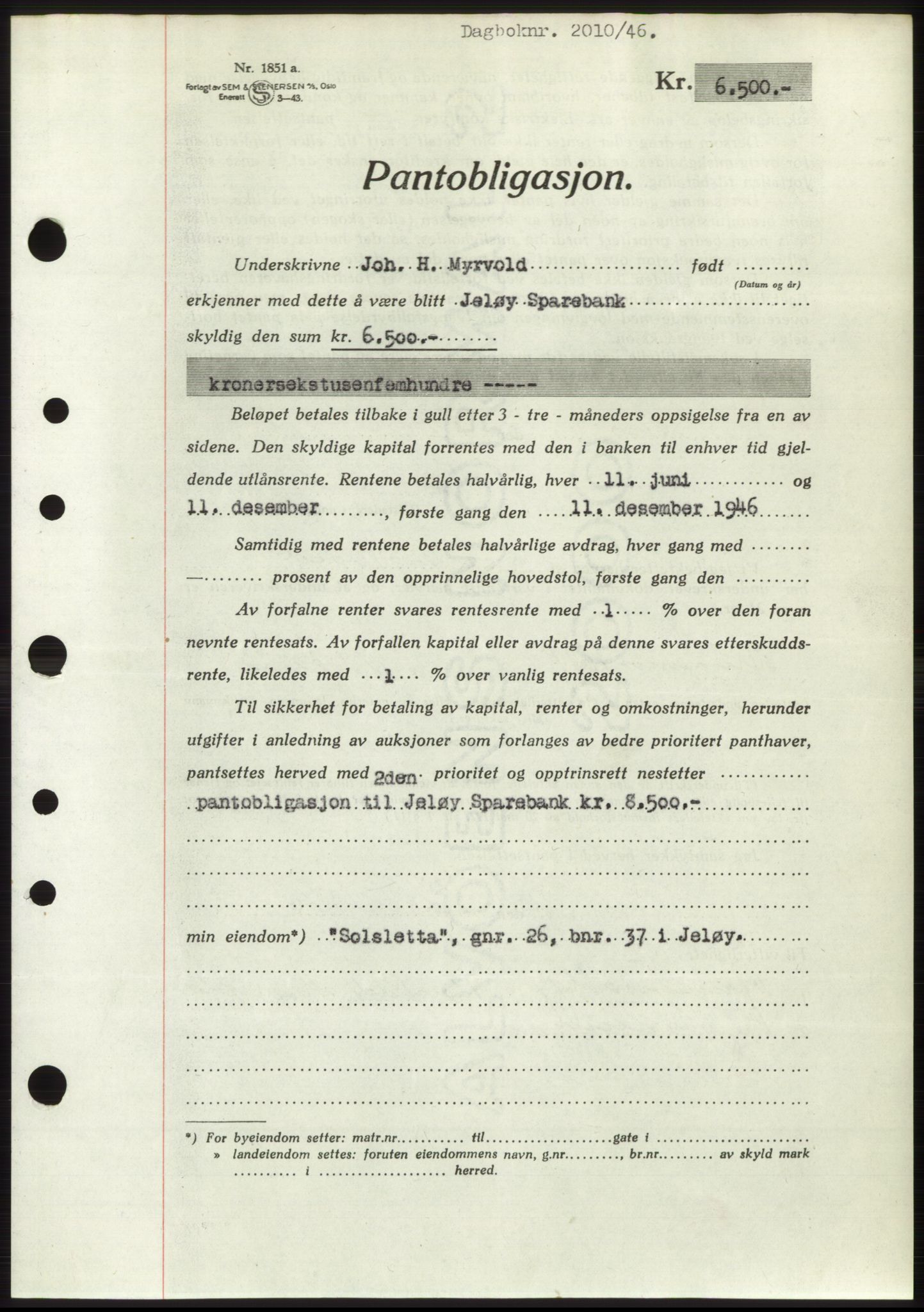 Moss sorenskriveri, SAO/A-10168: Pantebok nr. B15, 1946-1946, Dagboknr: 2010/1946