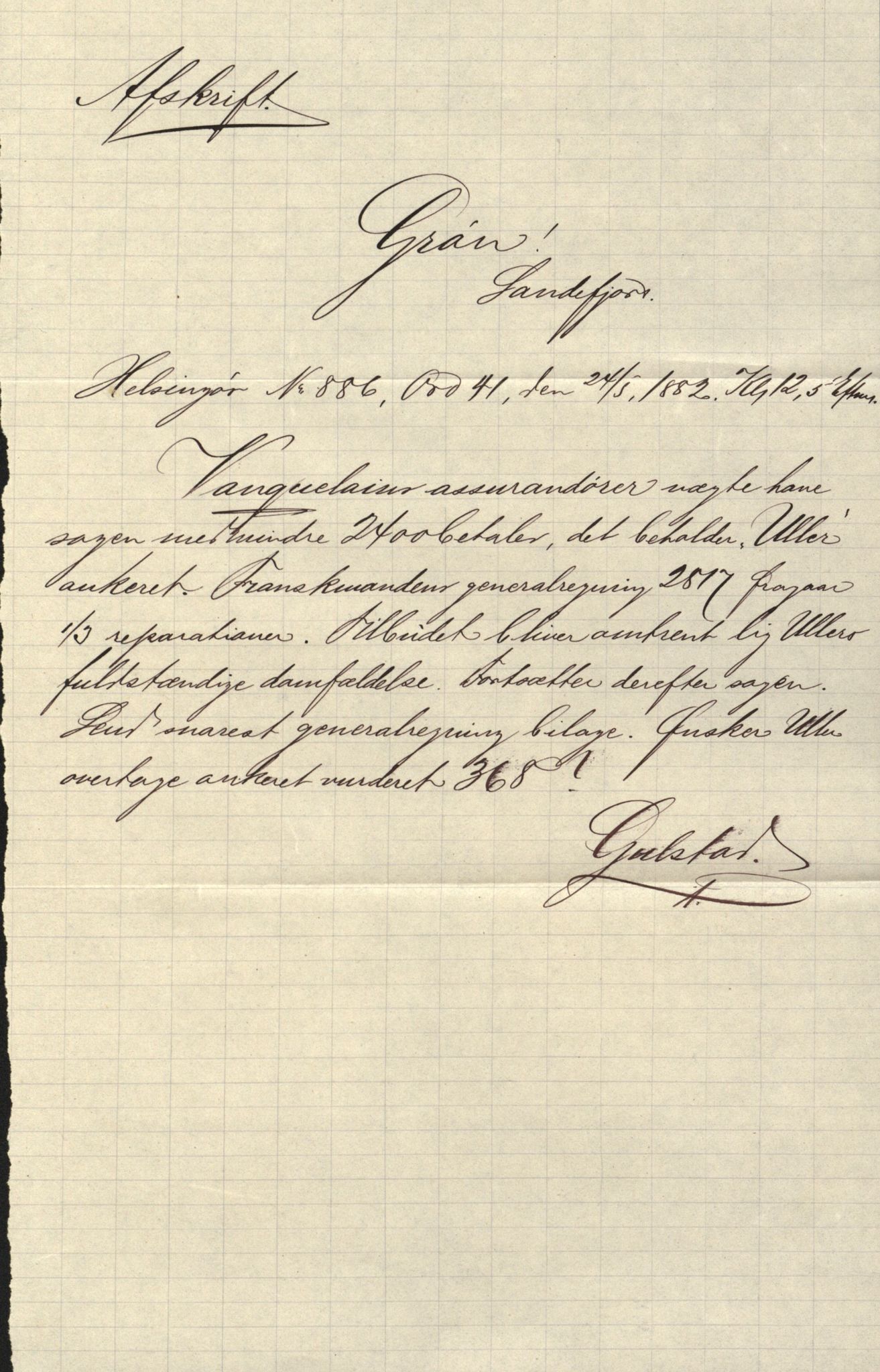 Pa 63 - Østlandske skibsassuranceforening, VEMU/A-1079/G/Ga/L0014/0011: Havaridokumenter / Agra, Anna, Jorsalfarer, Alfen, Uller, Solon, 1882, s. 73