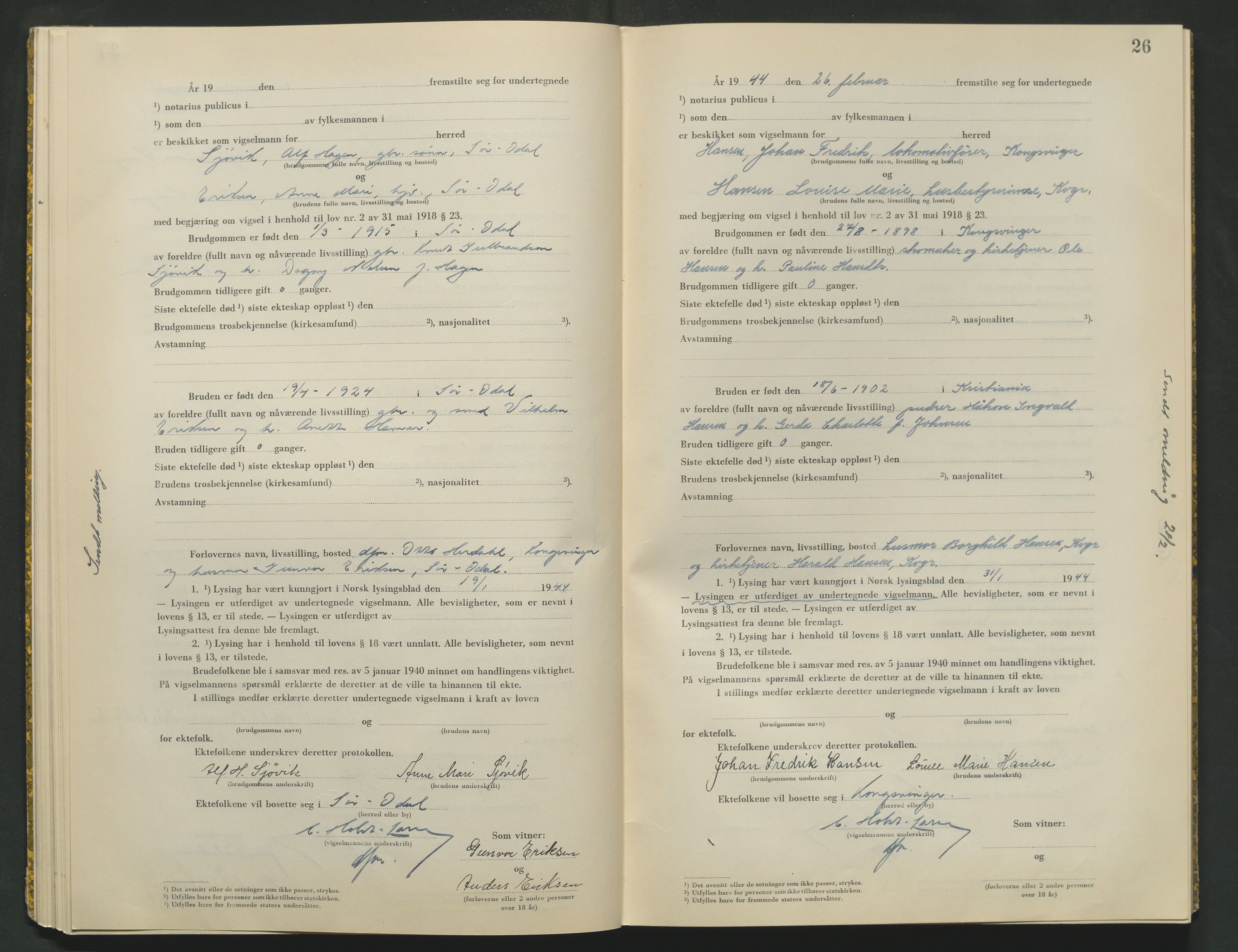Vinger og Odal sorenskriveri, AV/SAH-TING-022/L/Lb/L0003: Vigselsprotokoll, 1943-1944, s. 26