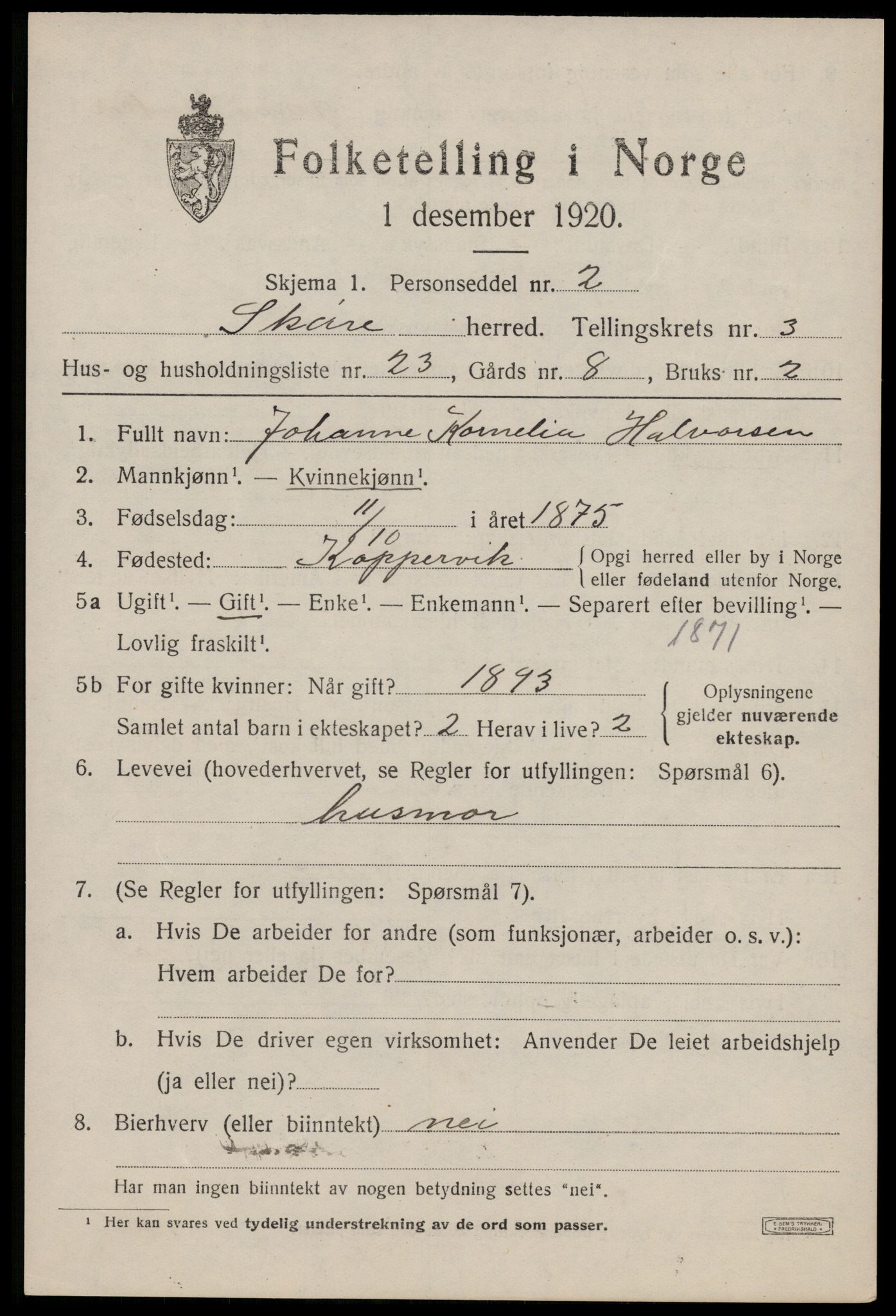 SAST, Folketelling 1920 for 1153 Skåre herred, 1920, s. 1856