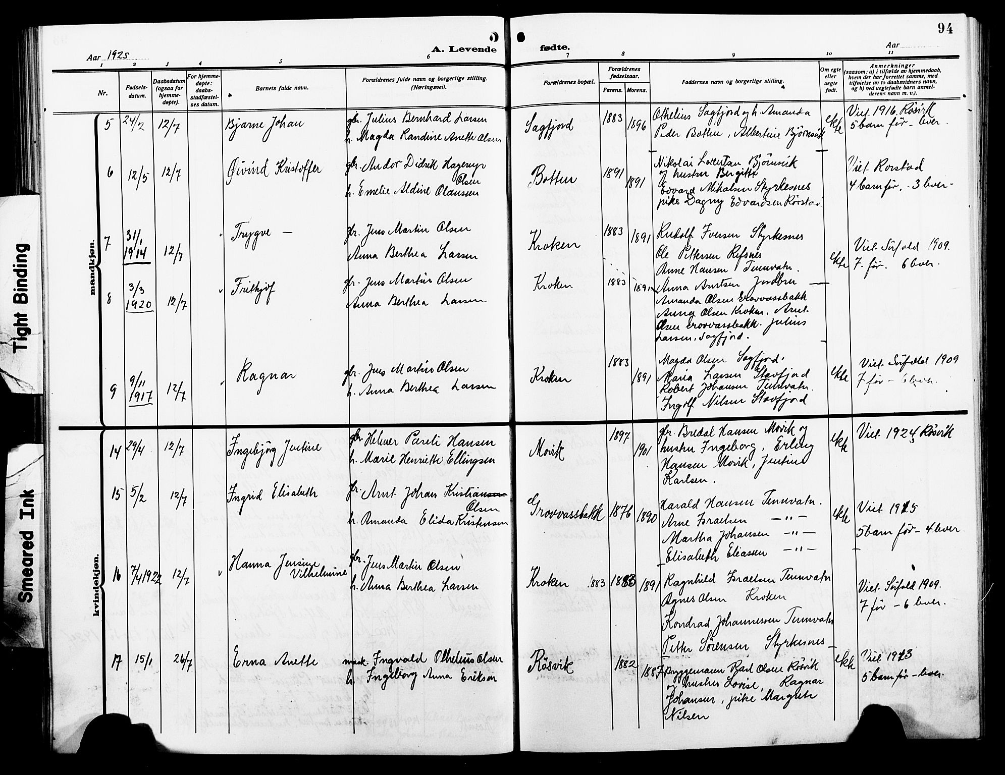 Ministerialprotokoller, klokkerbøker og fødselsregistre - Nordland, AV/SAT-A-1459/854/L0787: Klokkerbok nr. 854C03, 1913-1926, s. 94