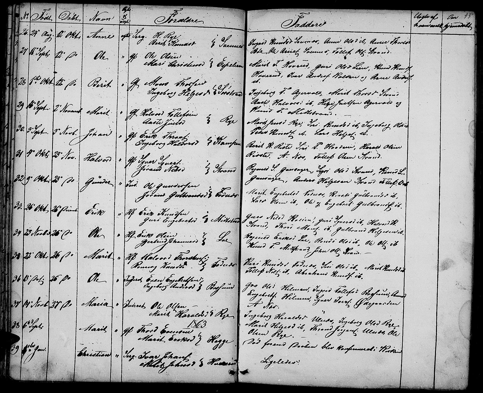 Nord-Aurdal prestekontor, AV/SAH-PREST-132/H/Ha/Hab/L0003: Klokkerbok nr. 3, 1842-1882, s. 43