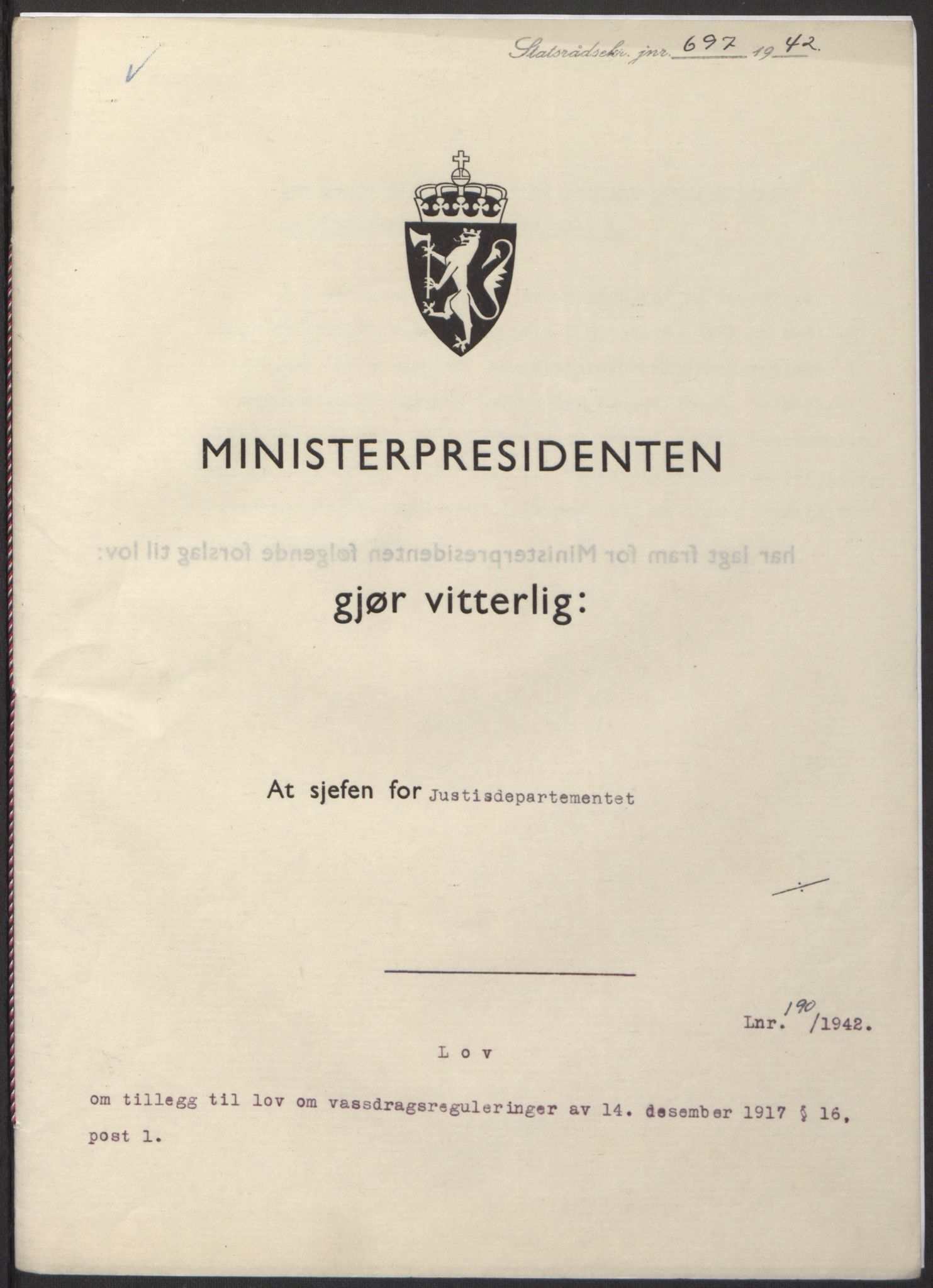 NS-administrasjonen 1940-1945 (Statsrådsekretariatet, de kommisariske statsråder mm), AV/RA-S-4279/D/Db/L0098: Lover II, 1942, s. 365