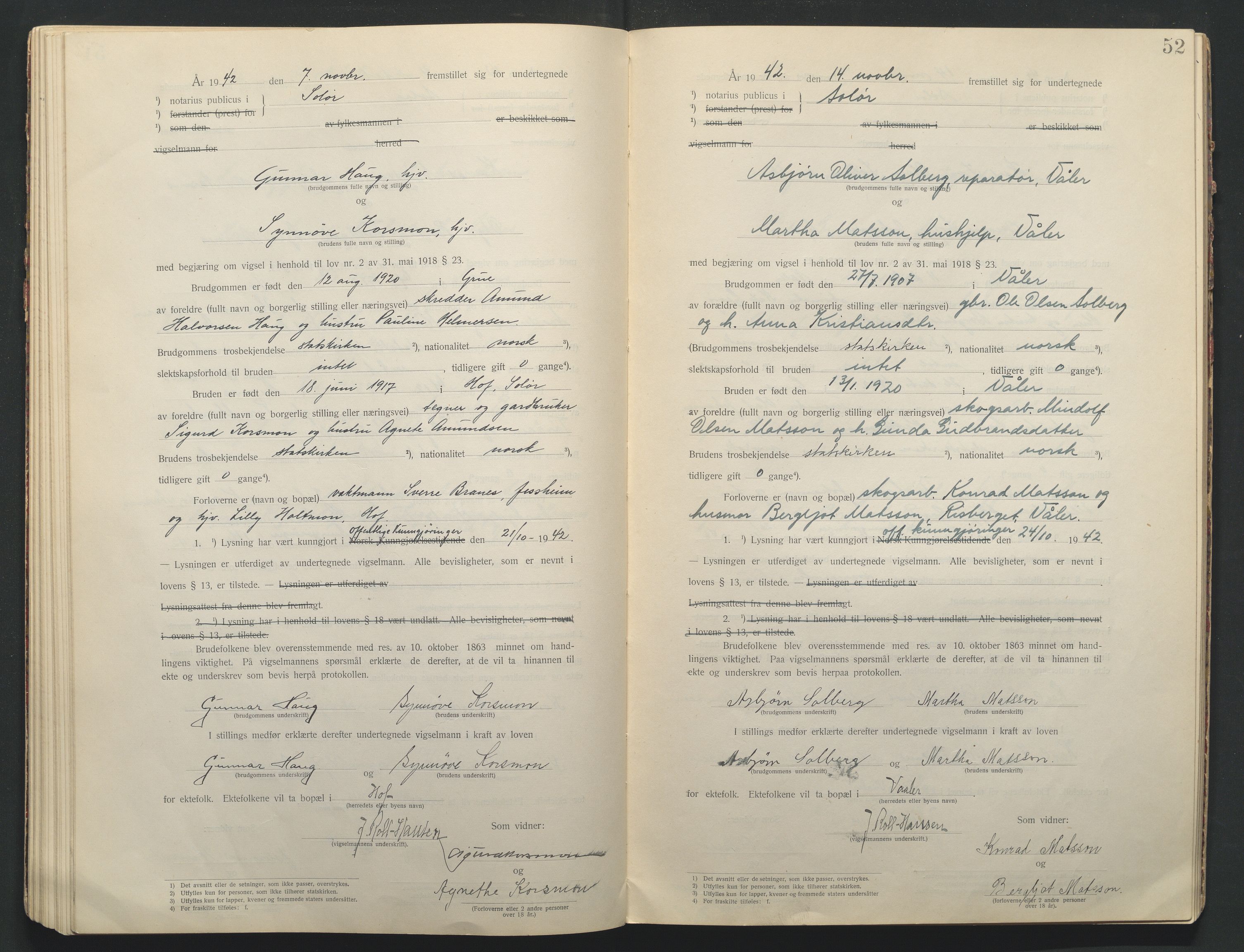 Solør tingrett, AV/SAH-TING-008/L/Lb/L0001: Vigselprotokoll, 1920-1943, s. 52