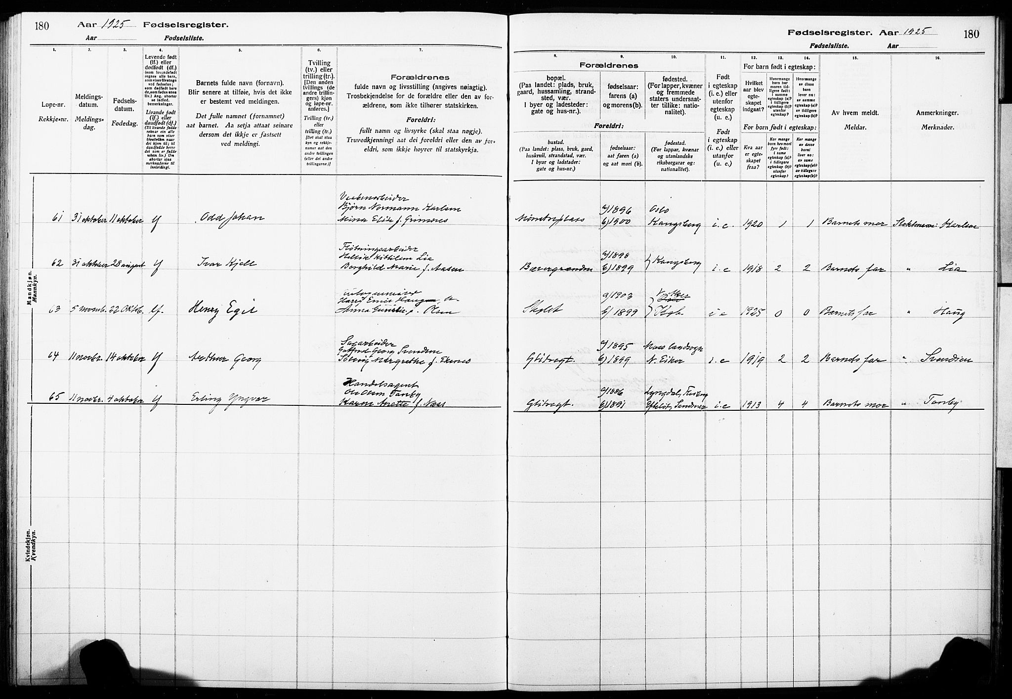 Kongsberg kirkebøker, AV/SAKO-A-22/J/Ja/L0001: Fødselsregister nr. I 1, 1916-1927, s. 180