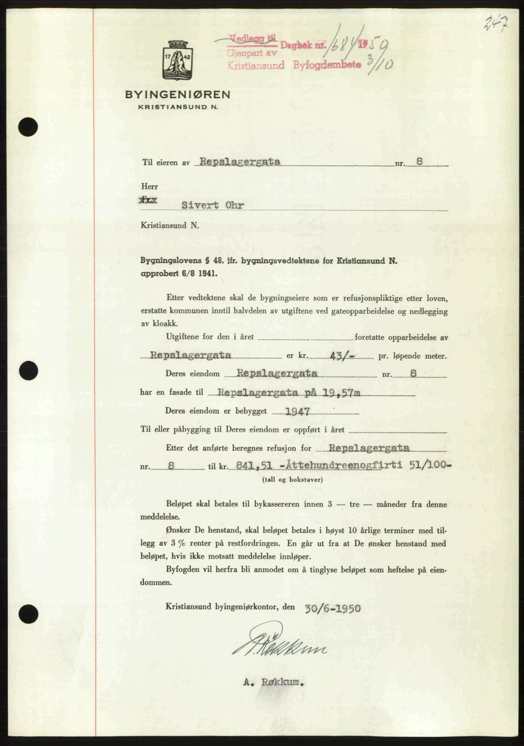 Kristiansund byfogd, AV/SAT-A-4587/A/27: Pantebok nr. 50, 1950-1950, Dagboknr: 1684/1950