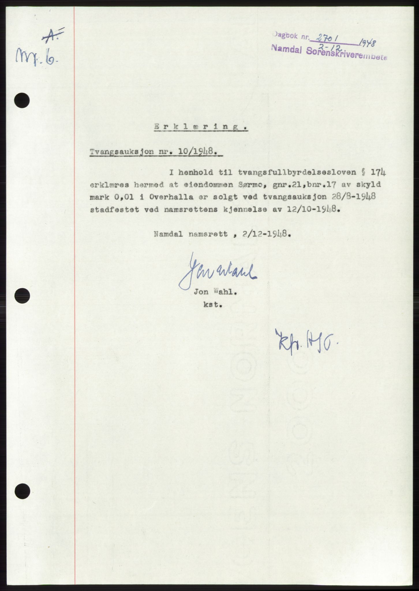 Namdal sorenskriveri, SAT/A-4133/1/2/2C: Pantebok nr. -, 1948-1948, Dagboknr: 2701/1948