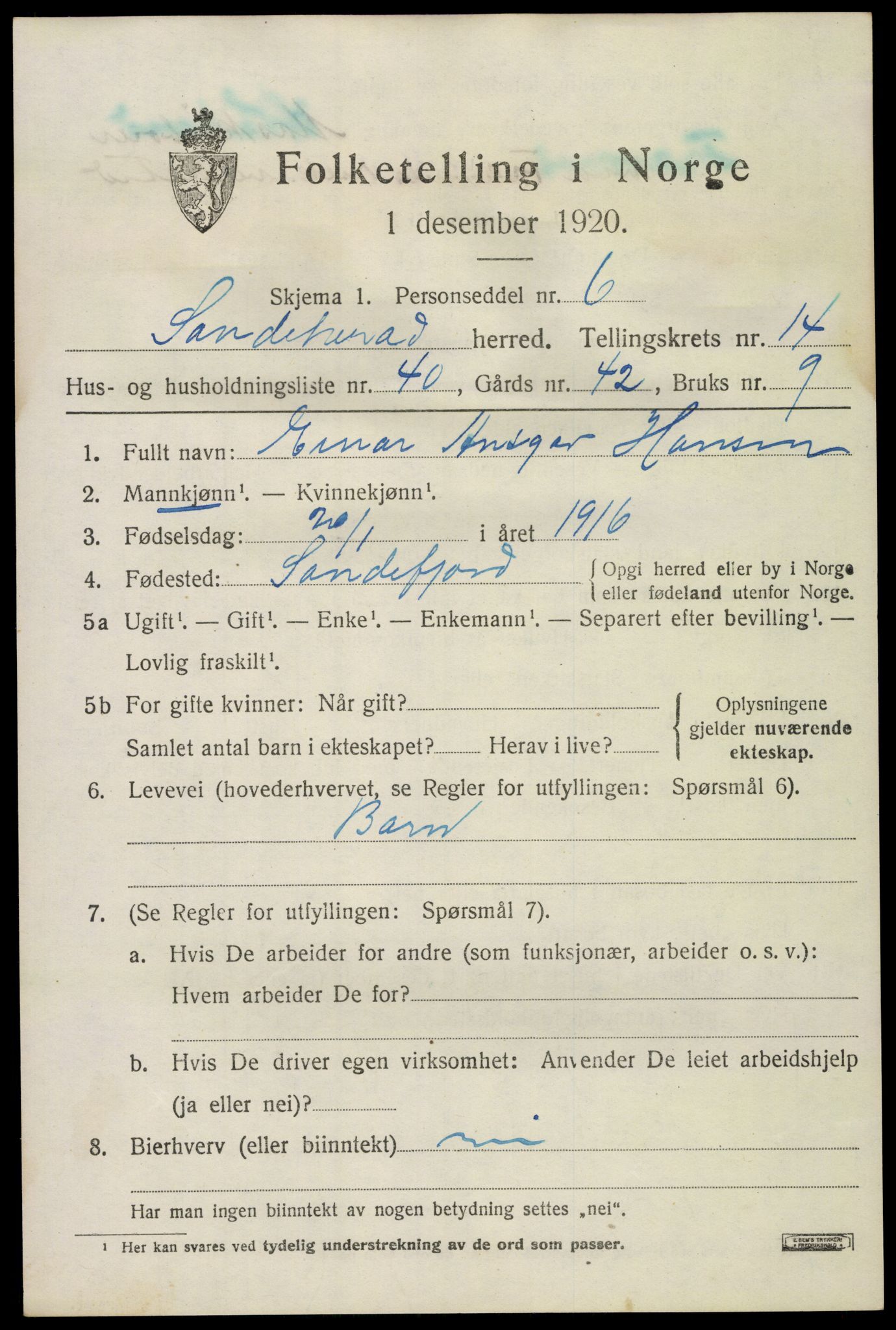 SAKO, Folketelling 1920 for 0724 Sandeherred herred, 1920, s. 20732