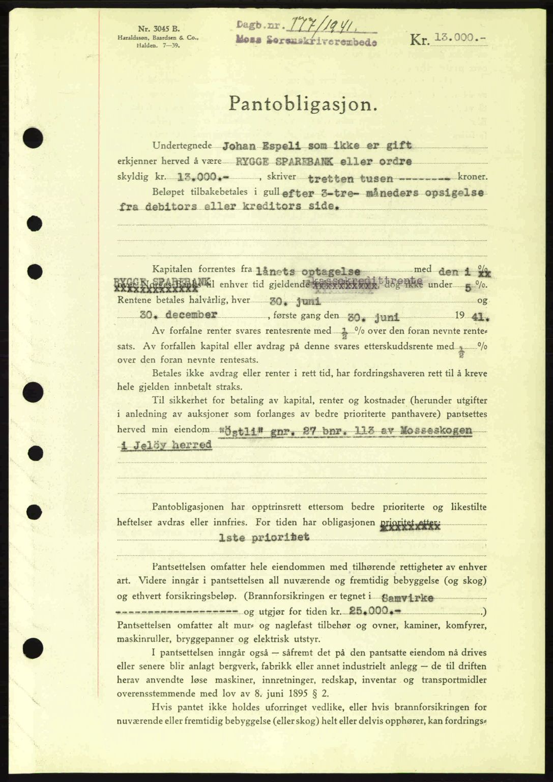 Moss sorenskriveri, SAO/A-10168: Pantebok nr. B10, 1940-1941, Dagboknr: 177/1941