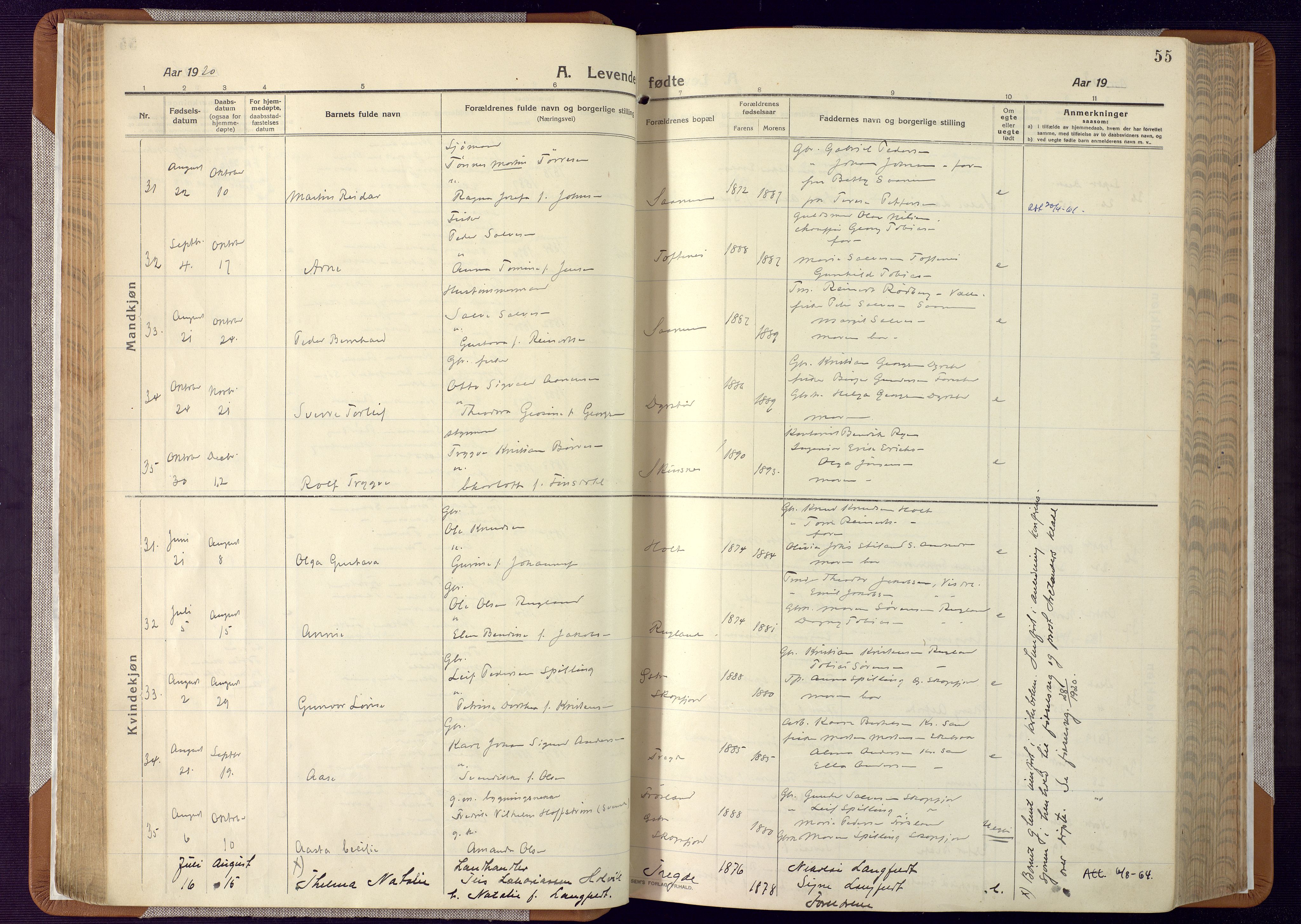 Mandal sokneprestkontor, SAK/1111-0030/F/Fa/Faa/L0022: Ministerialbok nr. A 22, 1913-1925, s. 55