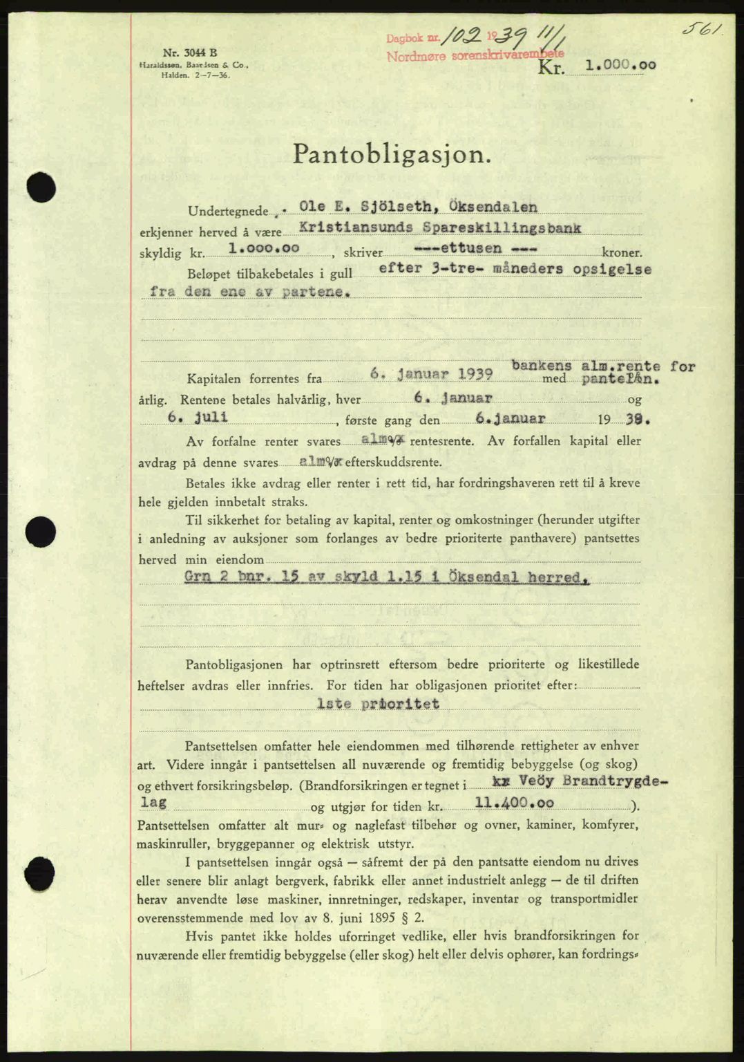 Nordmøre sorenskriveri, AV/SAT-A-4132/1/2/2Ca: Pantebok nr. B84, 1938-1939, Dagboknr: 102/1939