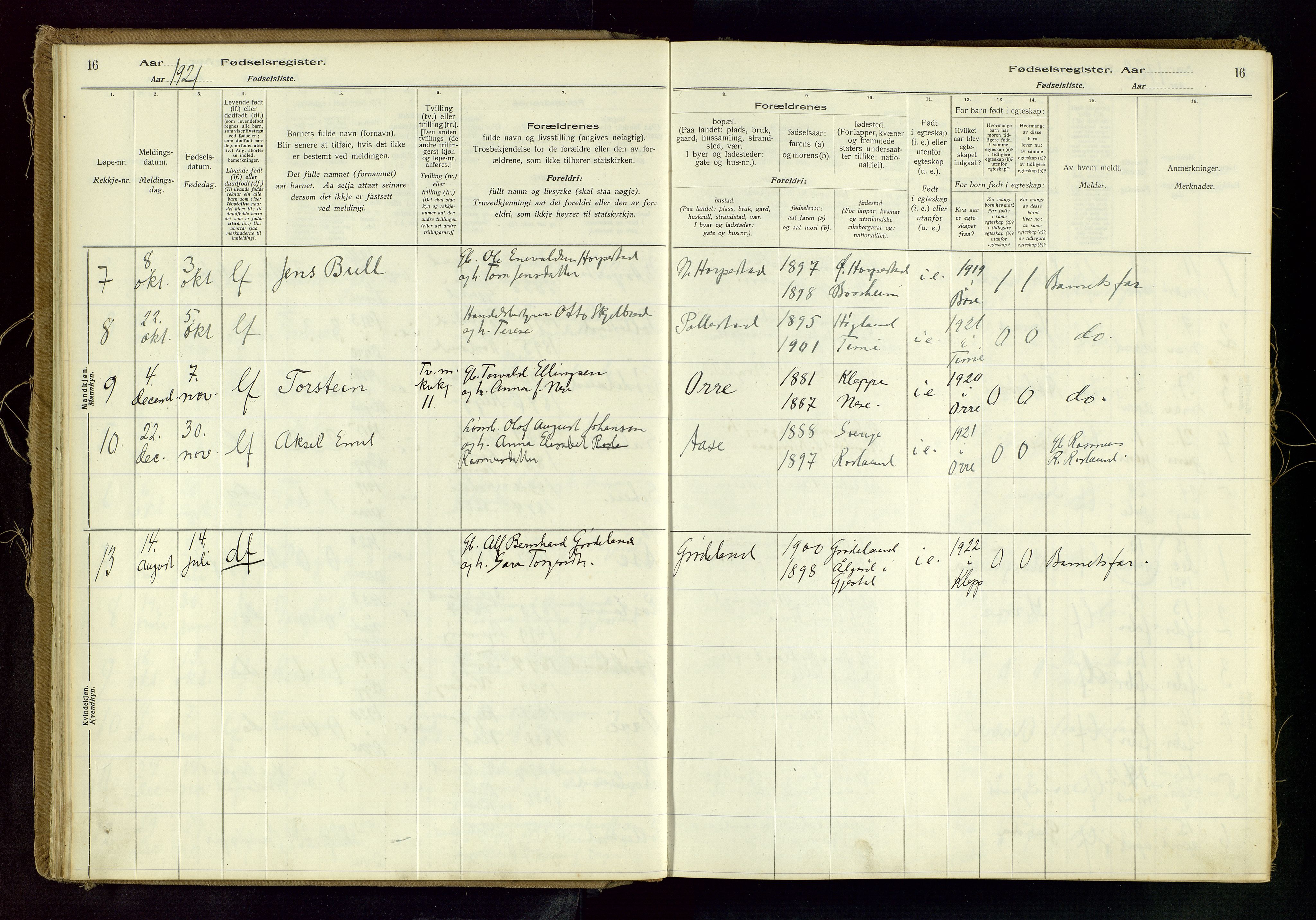 Klepp sokneprestkontor, SAST/A-101803/001/704BAC/L0001: Fødselsregister nr. 1, 1916-1982, s. 16