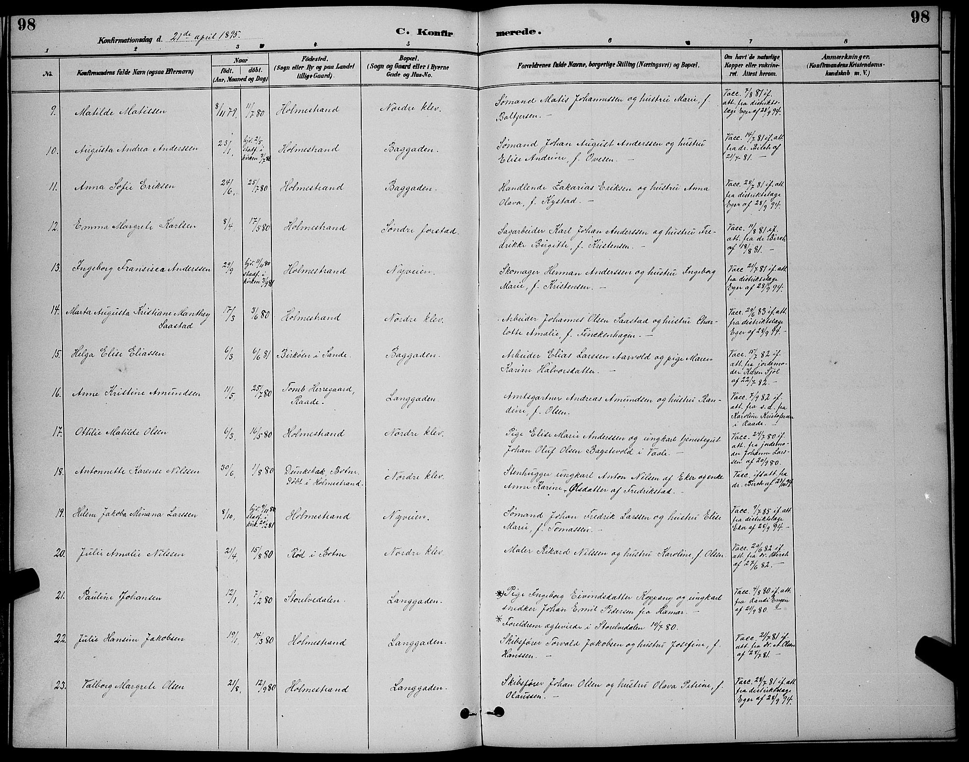 Holmestrand kirkebøker, AV/SAKO-A-346/G/Ga/L0005: Klokkerbok nr. 5, 1889-1901, s. 98