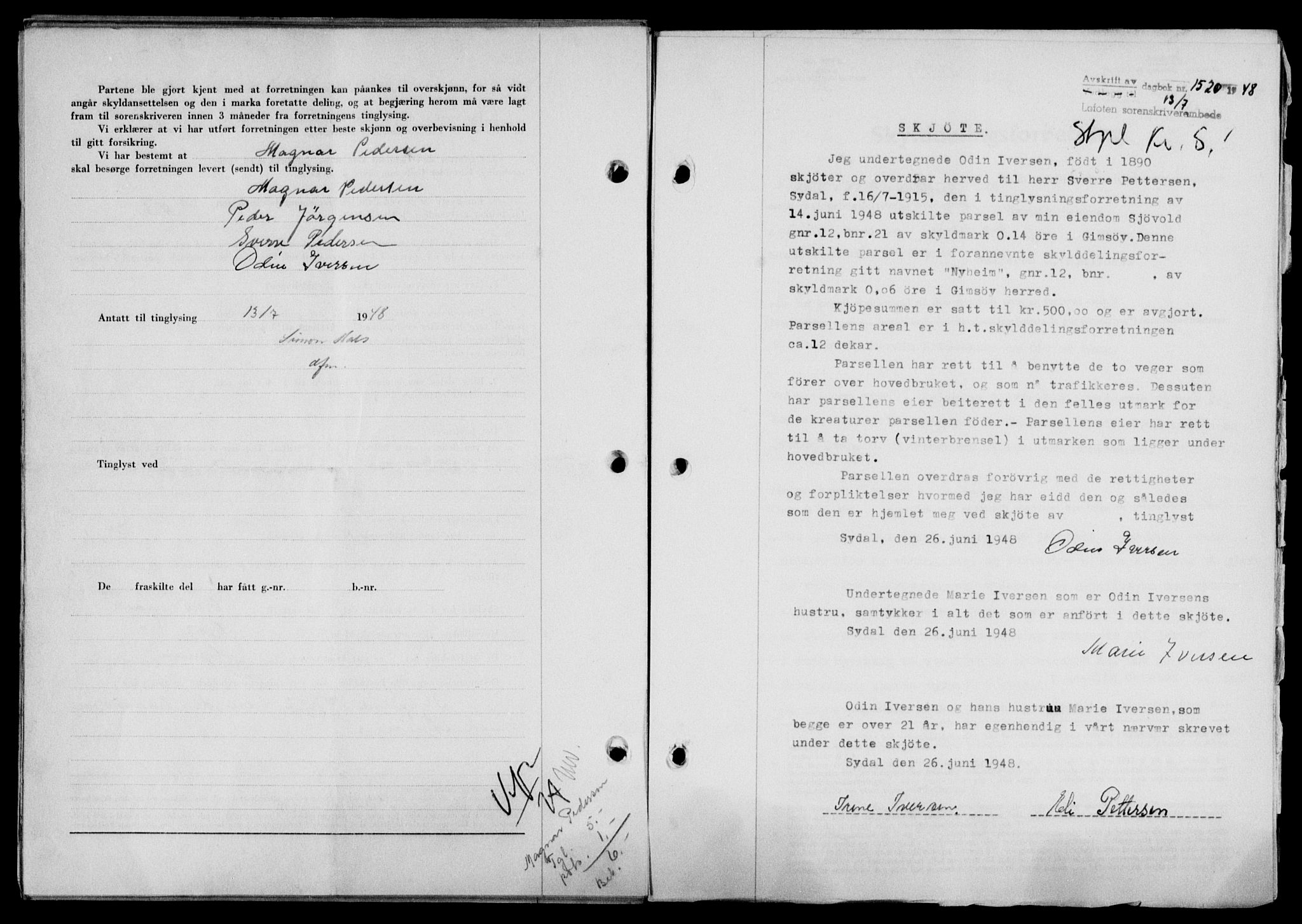 Lofoten sorenskriveri, SAT/A-0017/1/2/2C/L0018a: Pantebok nr. 18a, 1948-1948, Dagboknr: 1520/1948