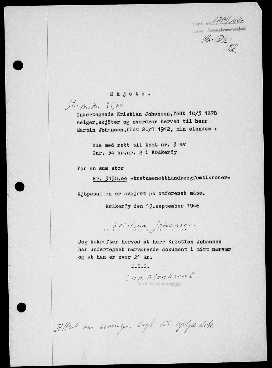 Onsøy sorenskriveri, SAO/A-10474/G/Ga/Gab/L0017: Pantebok nr. II A-17, 1946-1946, Dagboknr: 2214/1946