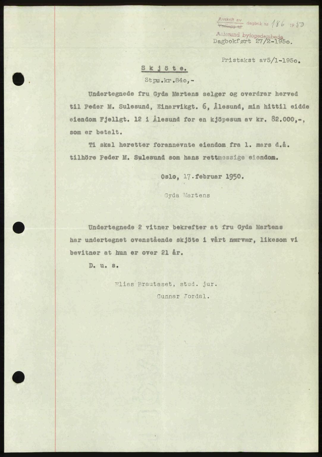 Ålesund byfogd, AV/SAT-A-4384: Pantebok nr. 37A (2), 1949-1950, Dagboknr: 186/1950
