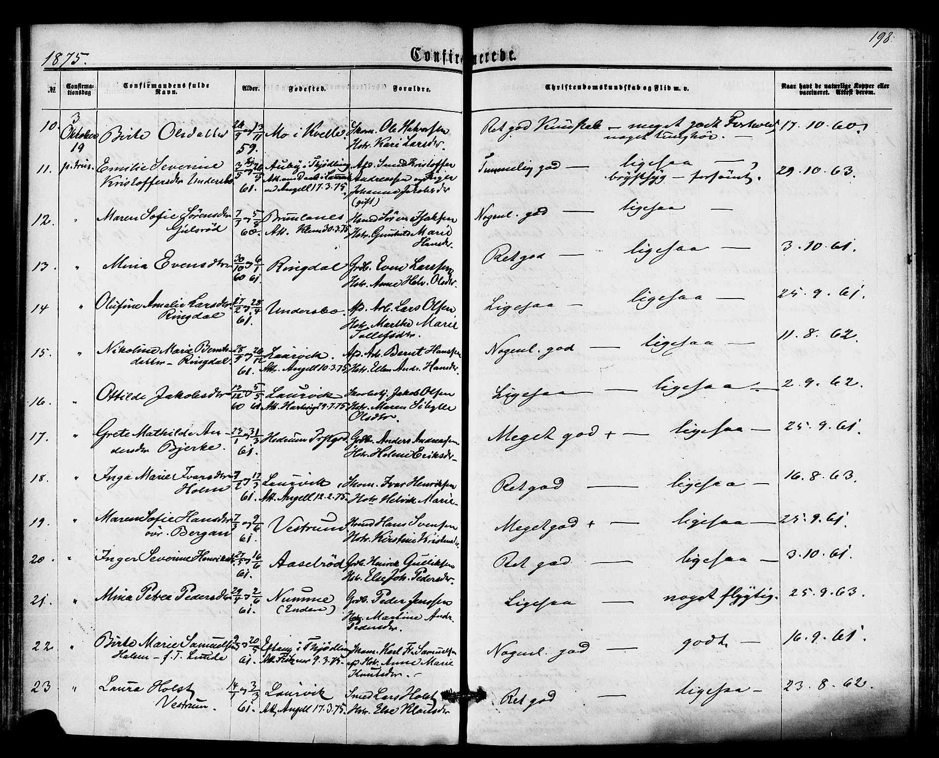 Hedrum kirkebøker, AV/SAKO-A-344/F/Fa/L0008: Ministerialbok nr. I 8, 1869-1880, s. 198