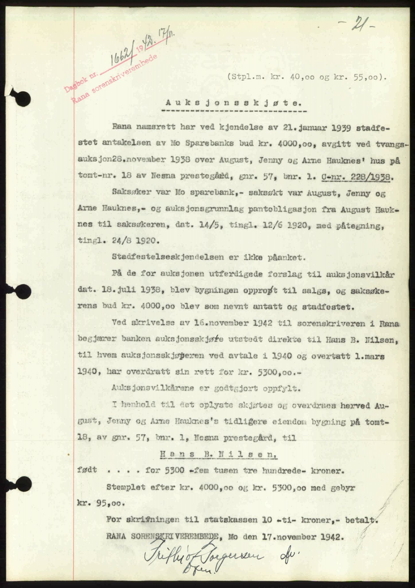 Rana sorenskriveri , SAT/A-1108/1/2/2C: Pantebok nr. A 10, 1942-1943, Dagboknr: 1662/1942