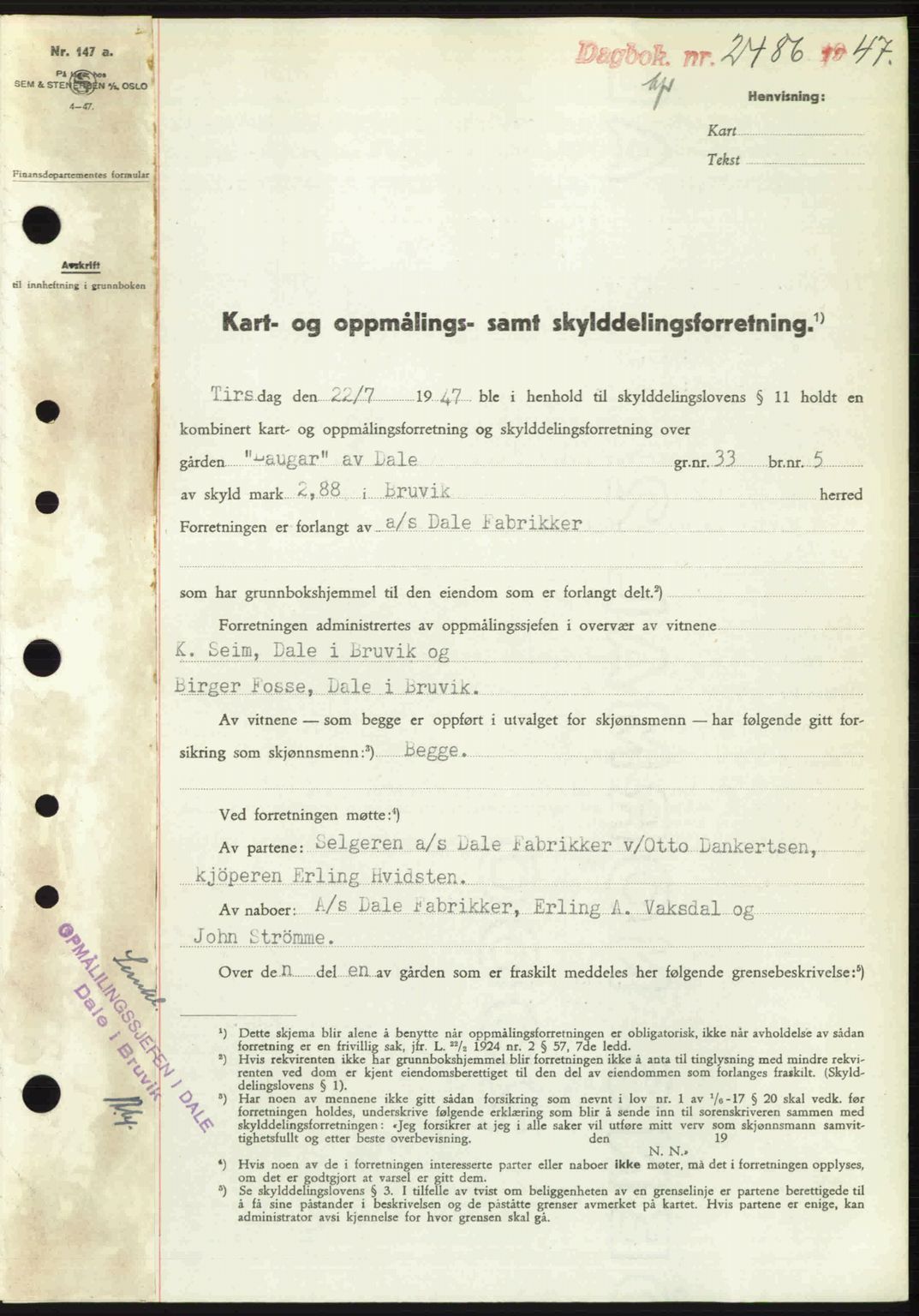 Nordhordland sorenskrivar, SAB/A-2901/1/G/Gb/Gbf/L0032: Pantebok nr. A32, 1947-1947, Dagboknr: 2486/1947