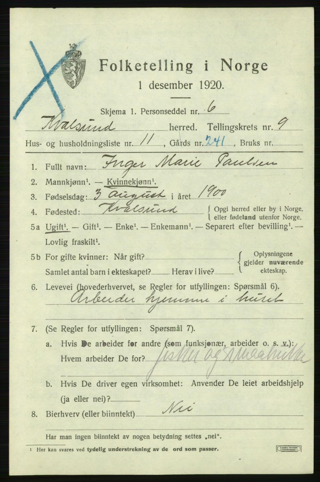 SATØ, Folketelling 1920 for 2017 Kvalsund herred, 1920, s. 2896