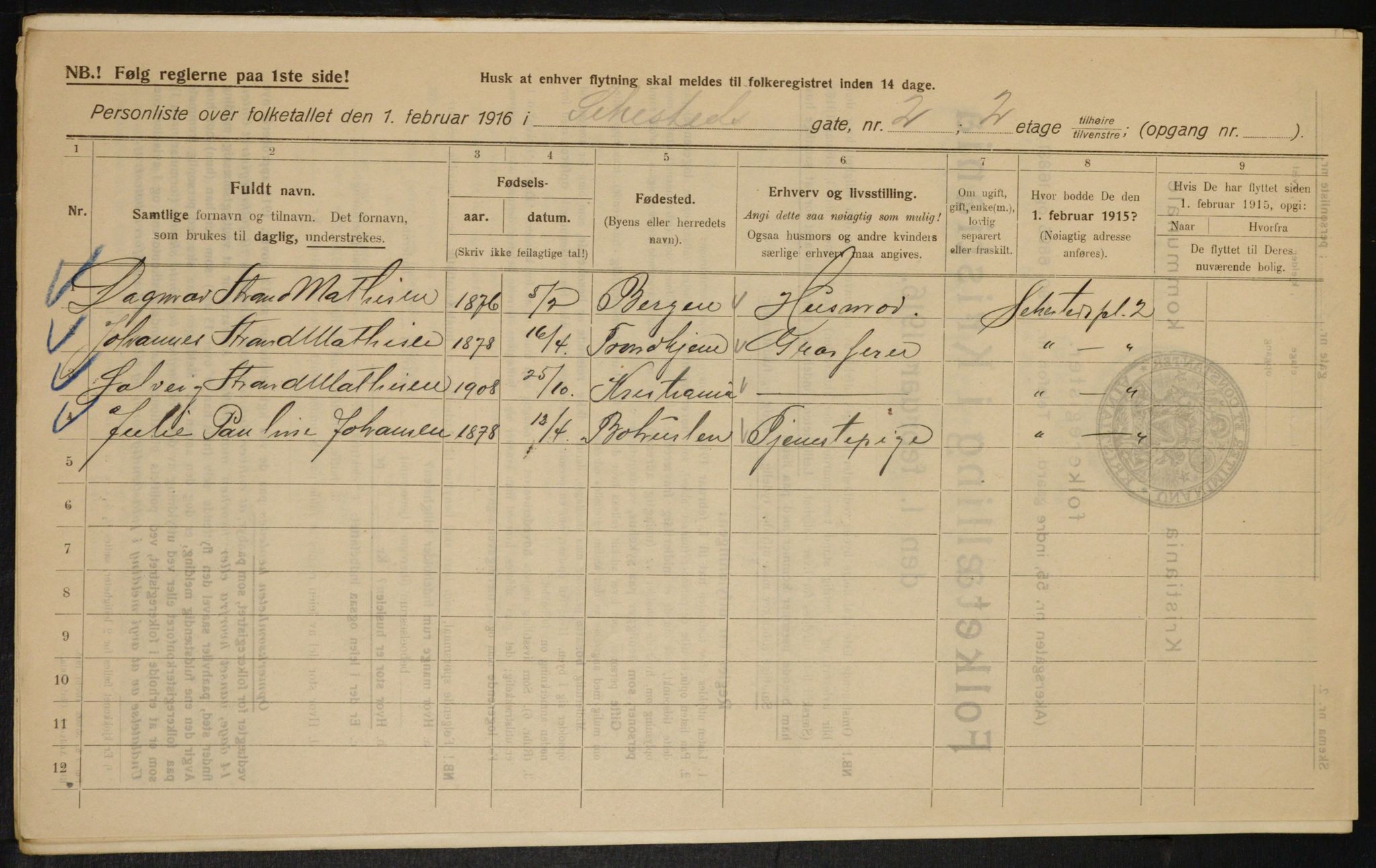 OBA, Kommunal folketelling 1.2.1916 for Kristiania, 1916, s. 96109